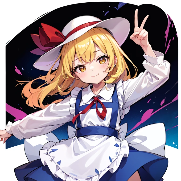 masterpiece, best quality, 1 girl, , , , white hat, red ribbon, middle blonde hair, golden eyes, short puffy sleeves, white clothes, white apron, red ribbon tie, blue skirt, blue ruffles, collarbone, gentle smile, Kana Anaberal, Poltergeist, pinafore, from behind, to lift up one’s skirt, cowboy shot, from front, standing , raise one leg, crossed arms, arms up behind, arms behind back, hand between legs, put hands hip, one hand on hip, forward hands, arms raised in the air, punch hands, peace_sign, waving, put up index finger, sit, lie down, closed eyes, lie face down, looking back, put one hand chest, leaning forward,cleavage,close up, horizontally outstretched arms, horizontally outstretched legs, front view, front face