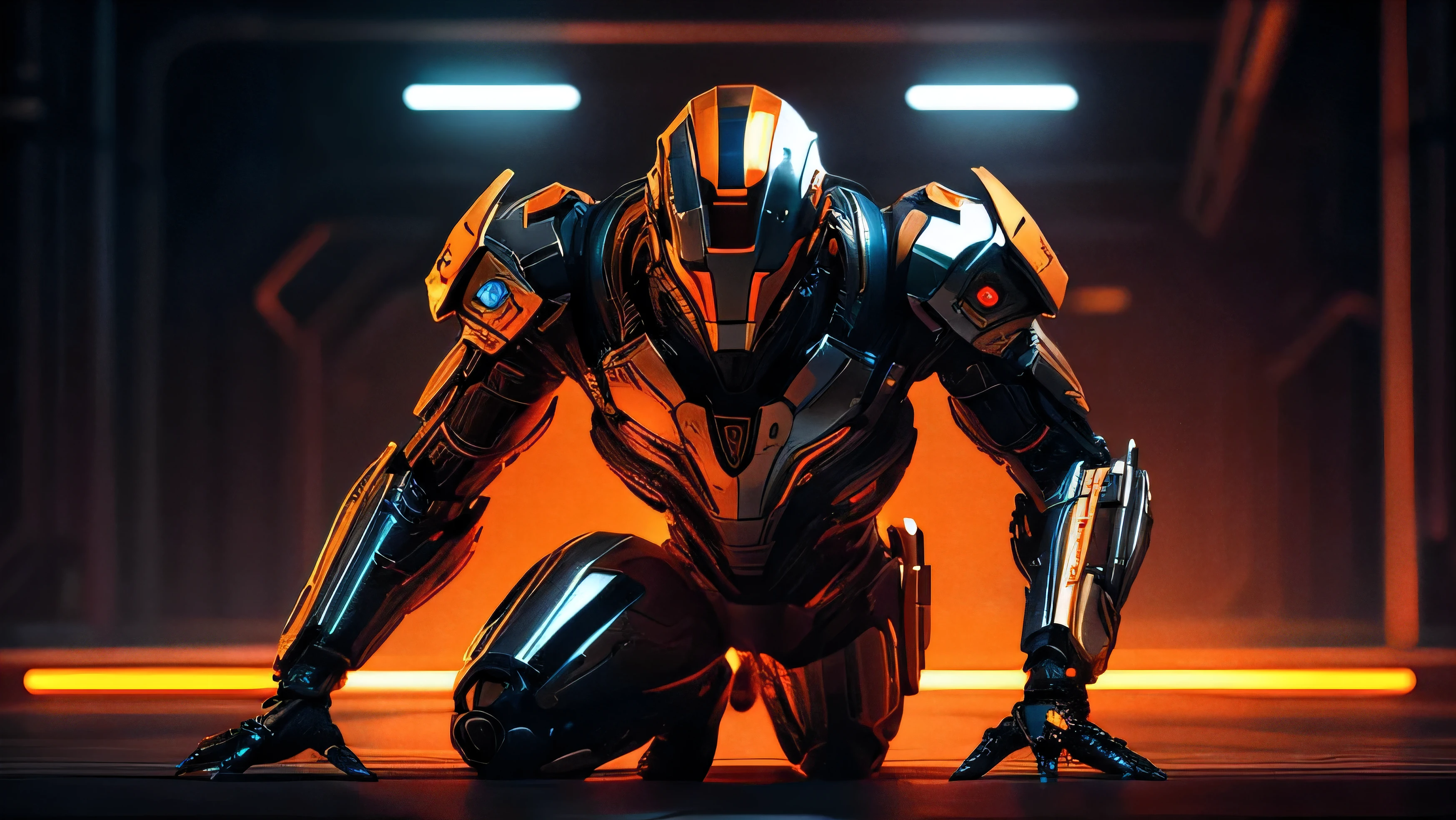 Create a highly detailed, photorealistic HDR image of a character that is a mix of alien and robot, resembling a human cyborg. The character should be depicted from head to toe, occupying a moderate portion of the composition to allow for future side and top visual effects. Design the character with shiny orange chrome and shiny black chrome, giving him a futuristic, mechanical look. Illuminate the character from behind to highlight their features and reinforce their commanding presence, while using a 16:9 aspect ratio to give a cinematic feel to the scene, highlighting the contrast between the bright elements and the dark background. The ground should look like flowing water with strange ripples that create a shiny surface and reflect the image of the cyborg. Include a glitch effect to end with a scatter effect. Add patches of translucent skin to the cyborg, revealing underlying mechanical structures in a semi-transparent way that blends biological and mechanical themes. Incorporate the words 'I was human' in shiny chrome orange, positioned centrally in the image. Finally, add the word 'Skynet' to the upper right corner in the same shiny orange chrome, ensuring that it is clearly visible against the dark background and stylistically suited to the futuristic theme of the image."