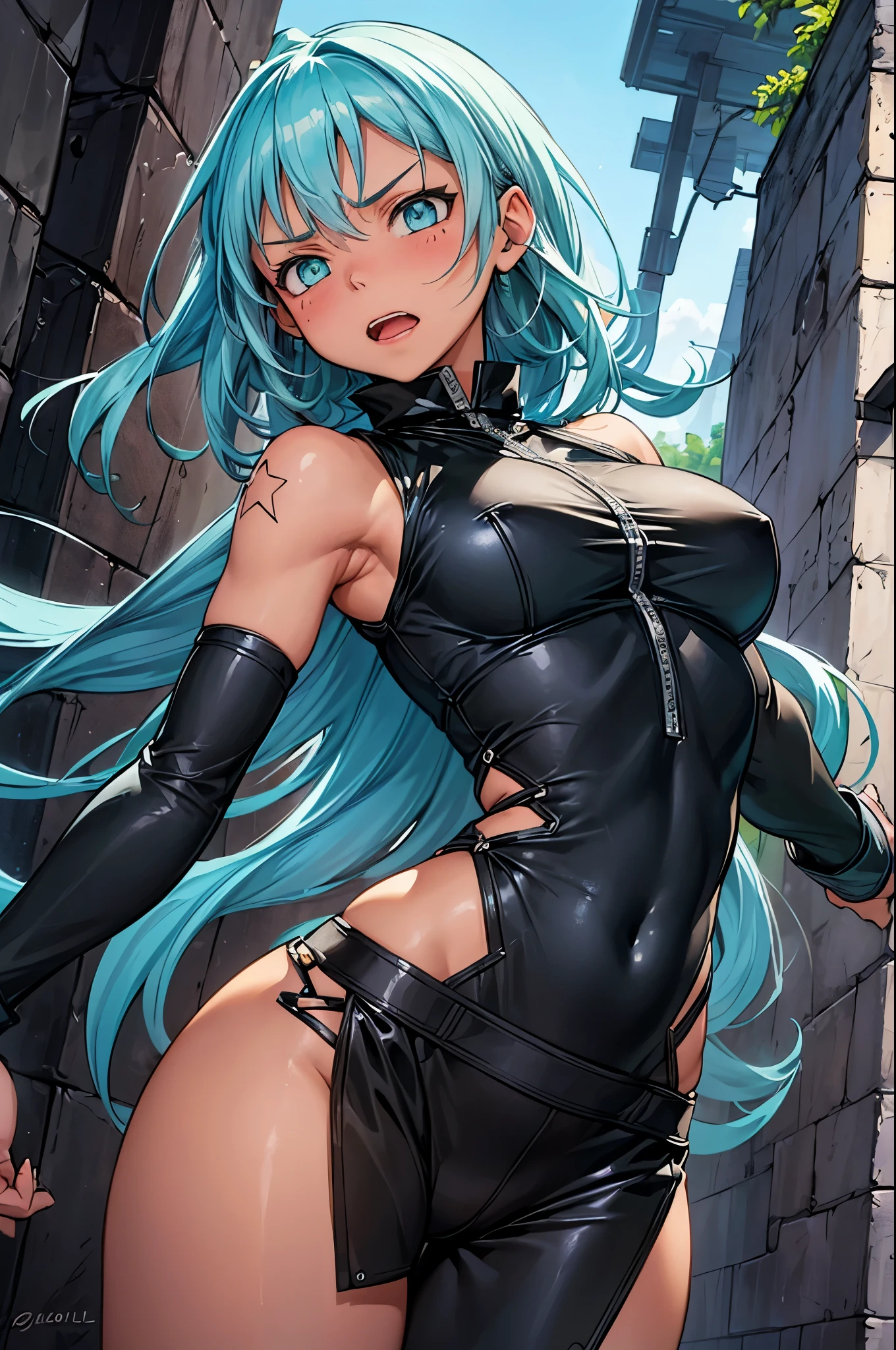 (masterpiece, best quality:1.2), expressive eyes, perfect face, highres, (female:1.5), 1girl, solo, black_star_soul_eater, blue hair, green eyes, long hair, worried face, black bodysuit, blushing, open mouth, standing, cowboy shot, looking at the viewer
