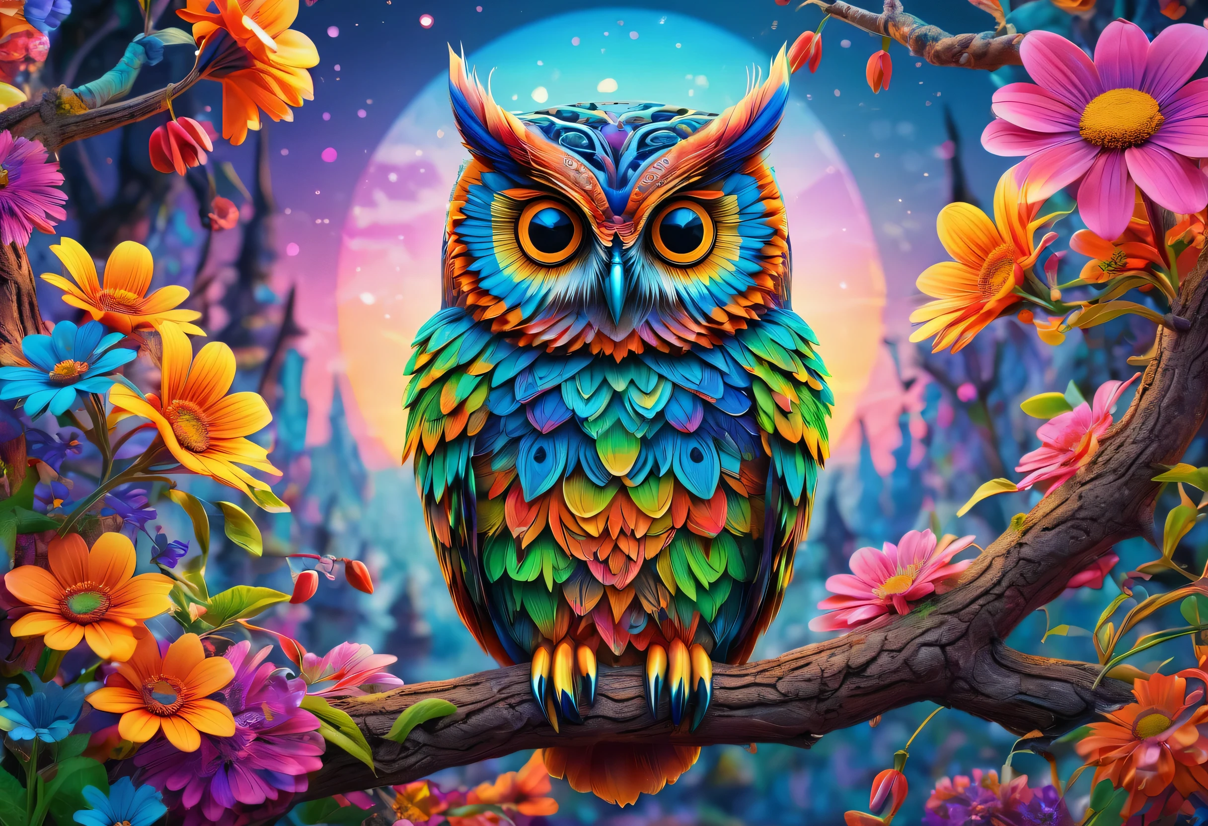 Colorful owl sitting on a branch with flowers in the background, Jigsaw Puzzles by Arthur Pang, Shutterstock, Psychedelic Art, 光りglowing owl, glowing owl, Owl Wizard, very complex and colorful, highly detailed Visionary art, Visionary art style, Visionary art, A complex and colorful masterpiece, Colourful and detailed, A colorful and exquisite masterpiece, alien owl, 4K Highly Detailed Art