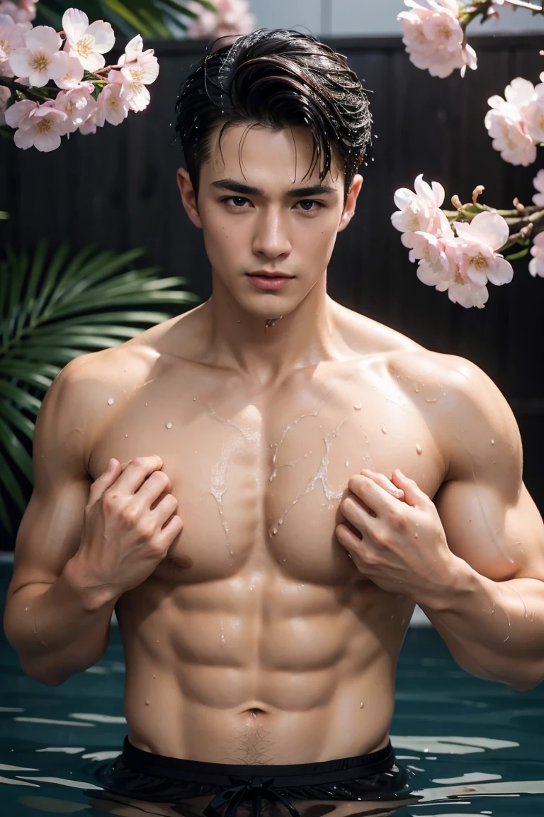 (Reality: 1.2, top quality, 8k, wet: 1.3), (man, Put your hands on your chest), 20-year-old Ukrainian blonde bodybuilder, actor, Cherry blossom pattern yukata, Black lingerie, (Sweat: 1.2, wet: 1.2), Delicate skin, (Movie Lighting, chest hair, Arm hair), Soft Light, Double eyelids, (Tempting), (((excited))