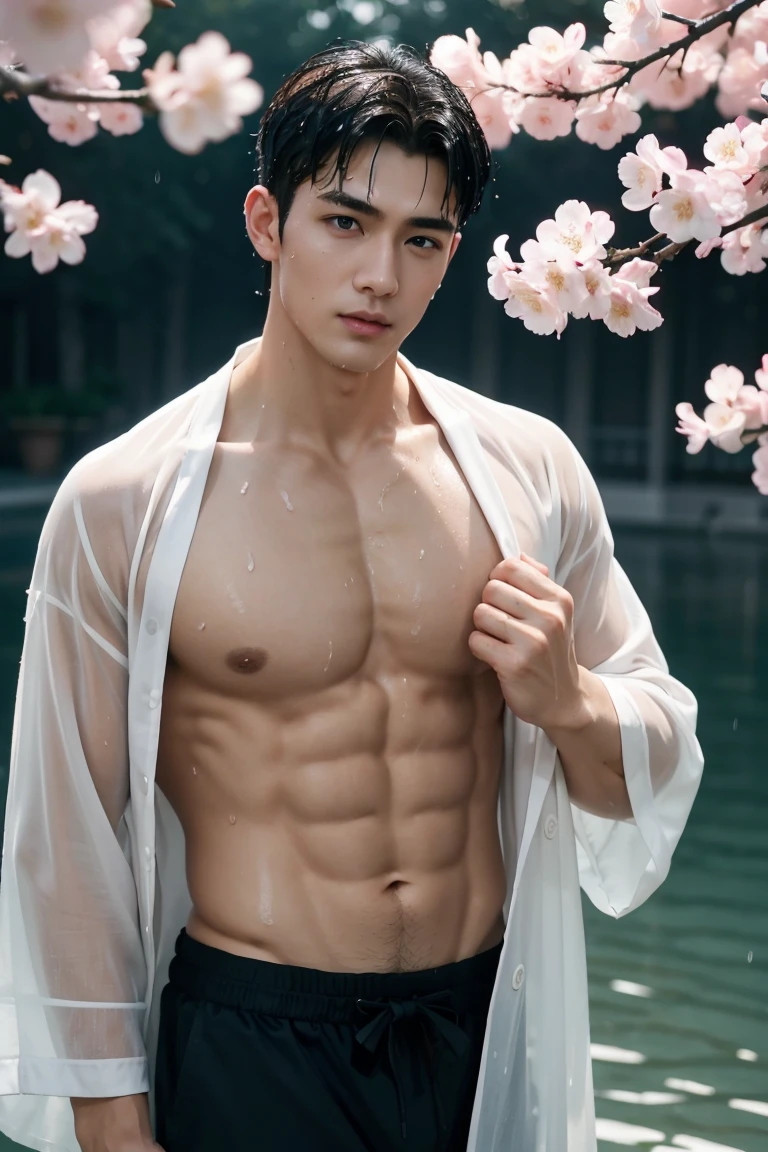 (Reality: 1.2, top quality, 8k, wet: 1.3), (man, Put your hands on your chest), 20-year-old Ukrainian blonde bodybuilder, actor, Cherry blossom pattern yukata, Black lingerie, (Sweat: 1.2, wet: 1.2), Delicate skin, (Movie Lighting, chest hair, Arm hair), Soft Light, Double eyelids, (Tempting), (((excited))