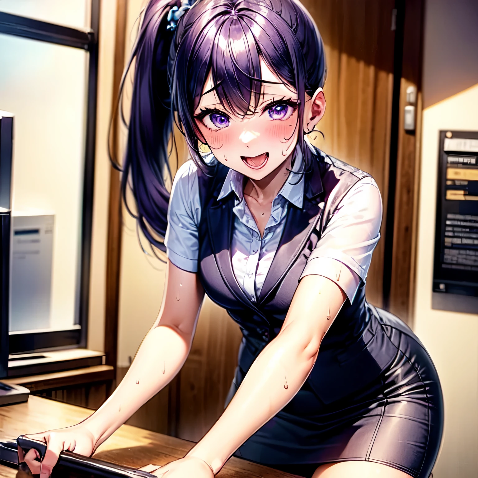 ((highest quality)), ((masterpiece)), ((Perfect Face))、Purple Hair、Side Ponytail、orgasm、Flushed face、Sweaty all over、Ahegao、Office Lady、Business jacket、Business Skirt