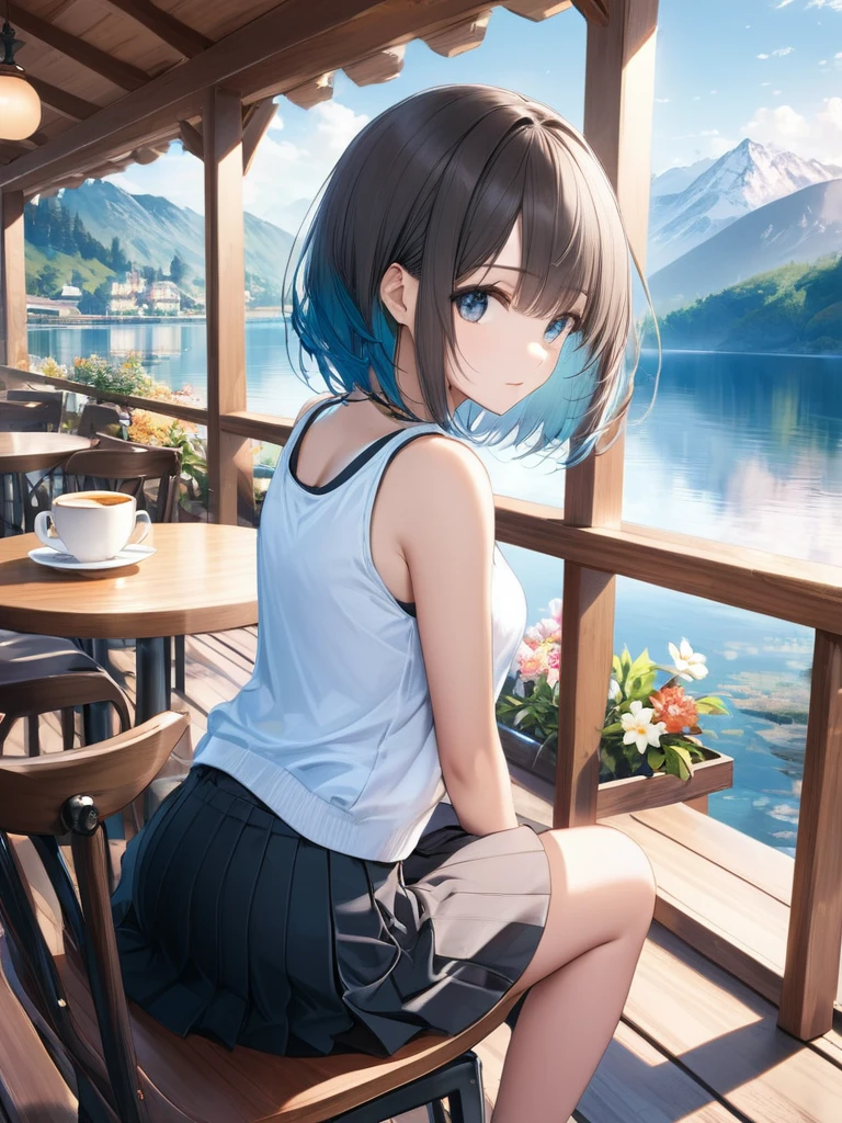 (looking-away:1.4),(masterpiece:1.2)), (best quality),(ultra detailed),(extremely detailed),(absolutely resolution) ,absurdres,8k, 1girl-drinking-hot-coffee-in-cafeteria-outdoor,sitting-on-the-woody-chair, open-terrace, beautiful-landscape-background, mountain, shinny-lake, flowers, cake,
BREAK, ultra detailed eyes, bobcut, (gradation hair:1.3), tanktops, skirt,