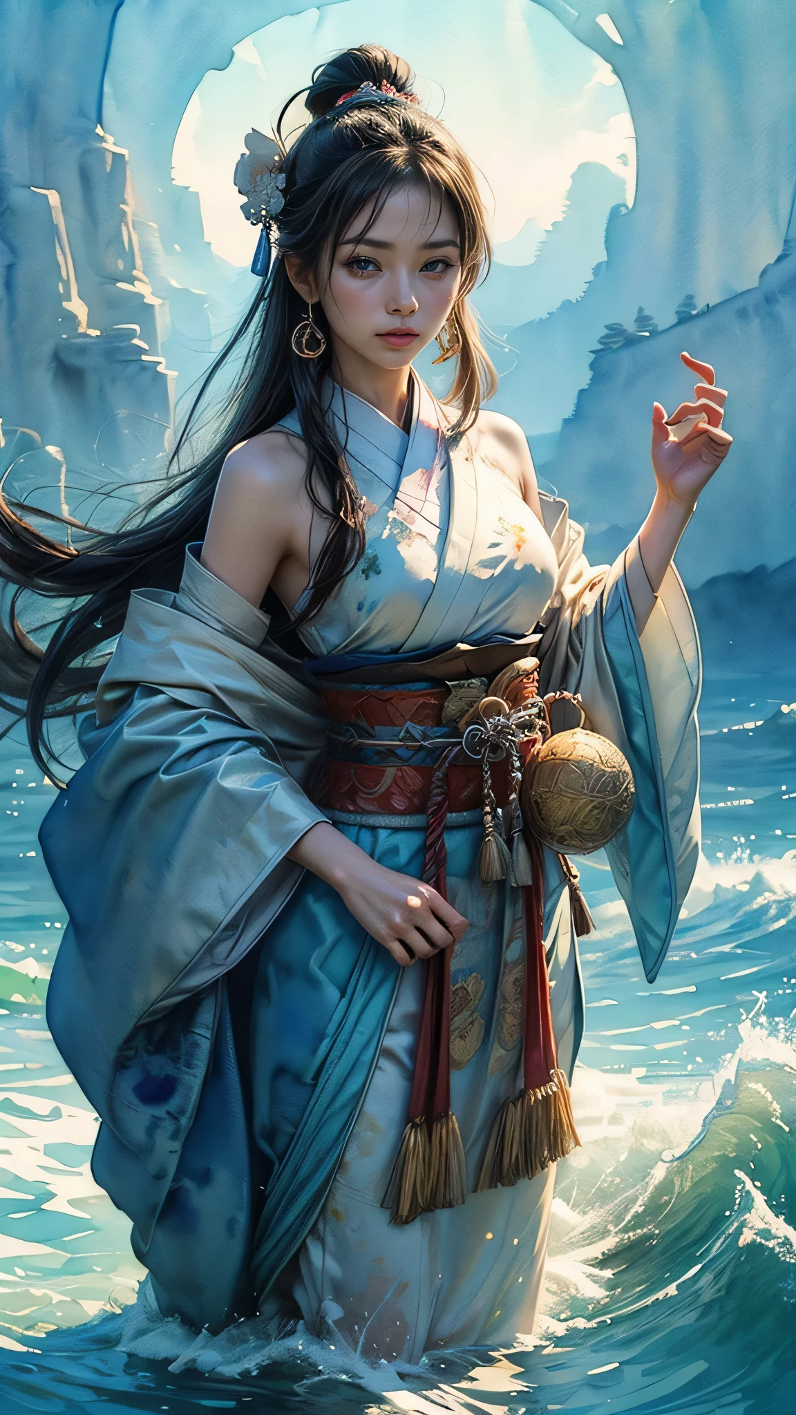 (masutepiece, of the highest quality, Best Quality, Official art, (Beautiful and aesthetic:1.4), (watercolor paiting:1.4) ), (Toyotamahime 1.5), Goddess of Japan mythology, Dignified beauty, goddess of the sea、Goddess of the Waves、Komono、((((Komono))))、Support for samsara, God's Grace, Gentle and meditative expression, Flowing Celestial Garments, brilliance、Brought peace and a bountiful harvest to all the oceans on earth, Soaring in the sea, Whispers of ancient lore、(((is standing)))