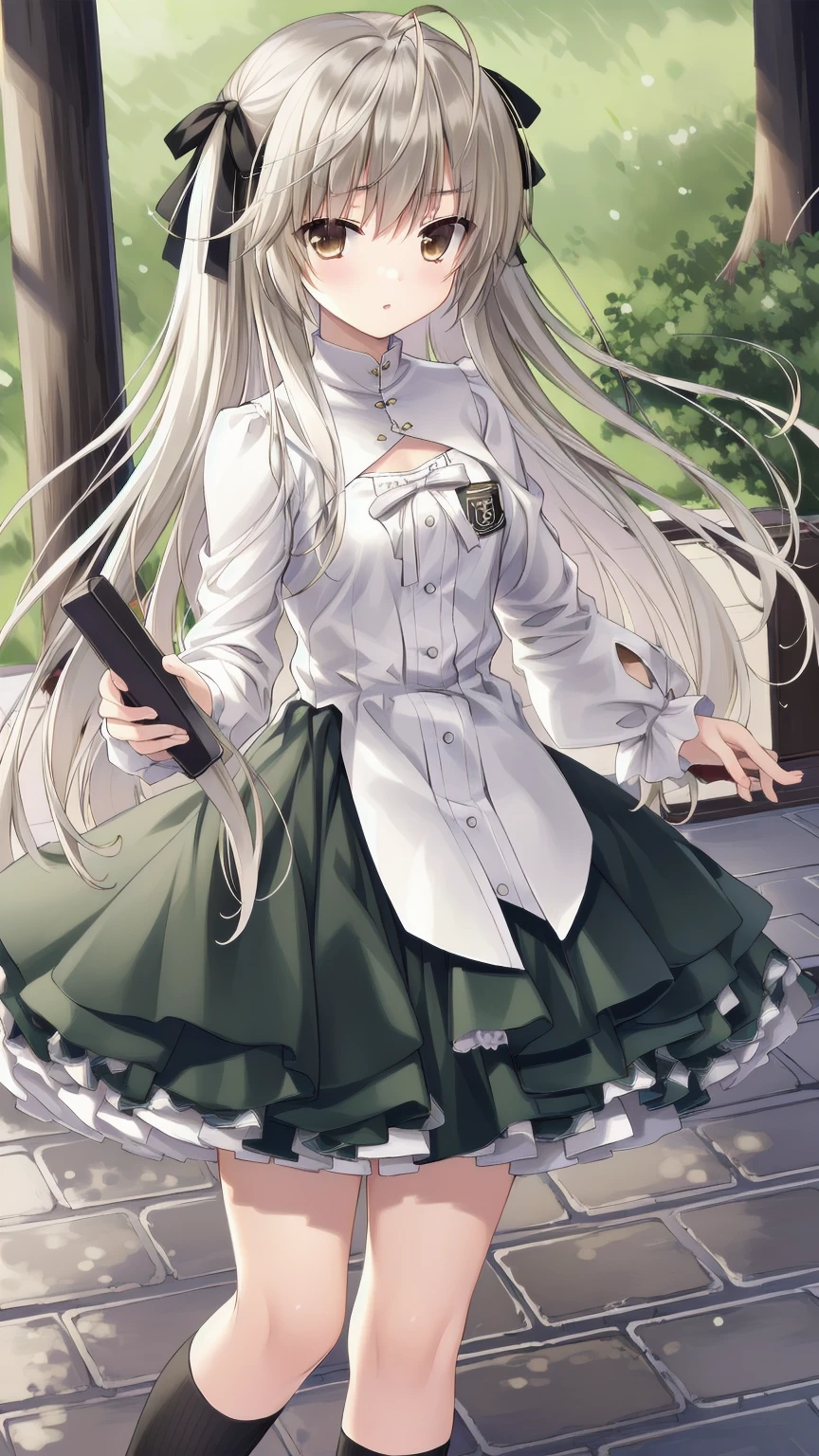 ((masterpiece:1.4, best quality)) ,Kasugano Sora,1 Cute girl,Brown eyes,Happy,eternal,Black knee-high socks Jane Shoes,spring,Green coat,Energetic and mischievous