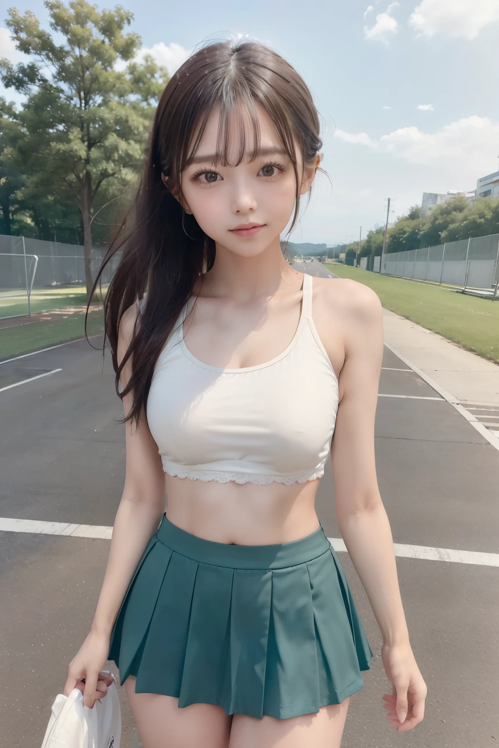 Girl and girl, ((tennis wear)), sports bra, light smile, outdoors, ((skirt flipping in the wind:1.3)), panties, thighs, tanned skin, wheat-colored skin,