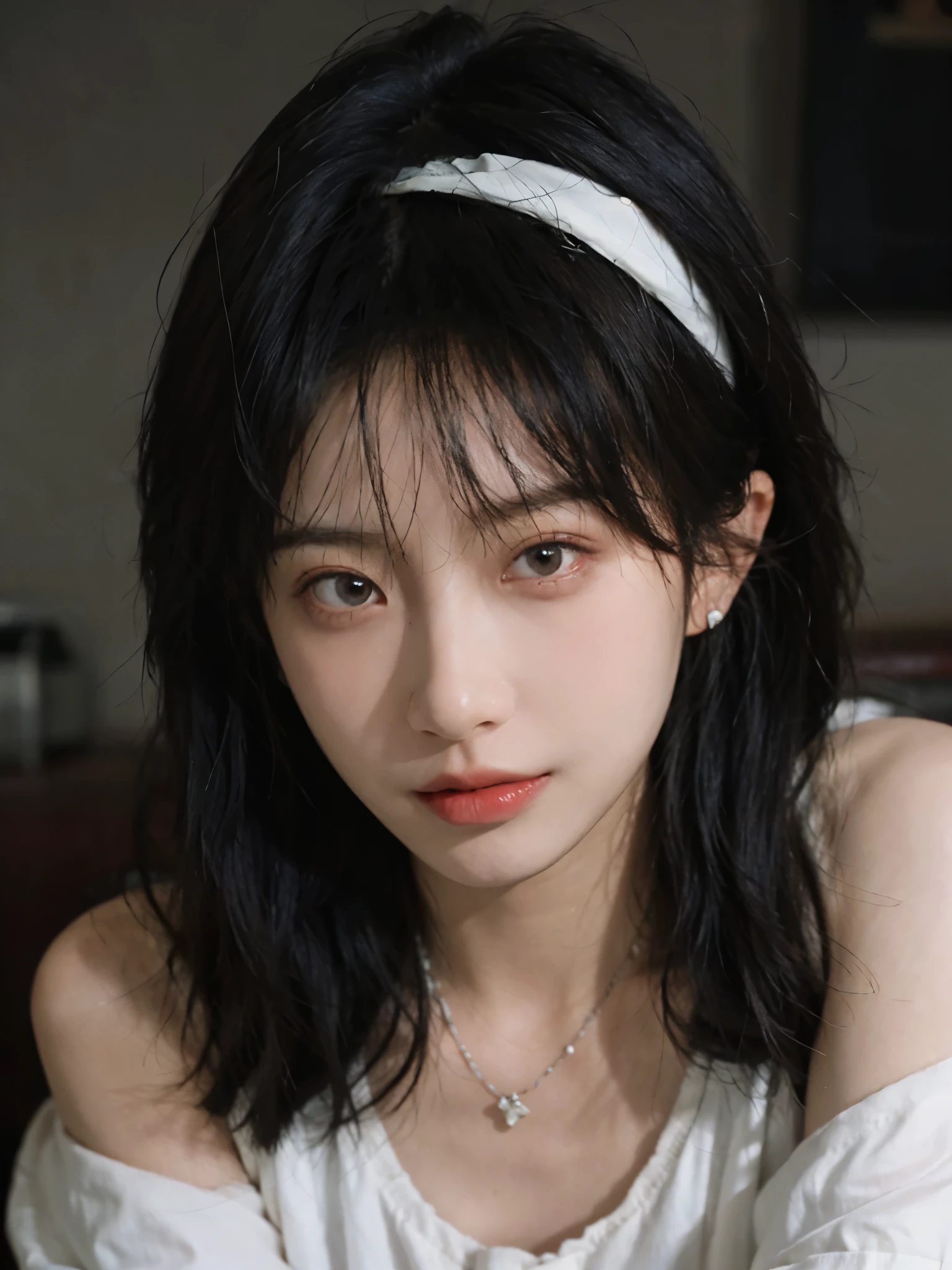 Film portrait photography, 1 girl, bare shoulders,lipstick,(flat chest:1.4), Shoulder length wavy hair, wear necklace,headband,look directly,earrings,short sleeves,serene, calm, (Realistic and detailed eyes, natural skin texture, Realistic facial details), Soft dramatic lighting, depth of field, Bokeh, Vibrant details, Detailed and detailed, surreal, 35mm film, hazy, whole body,