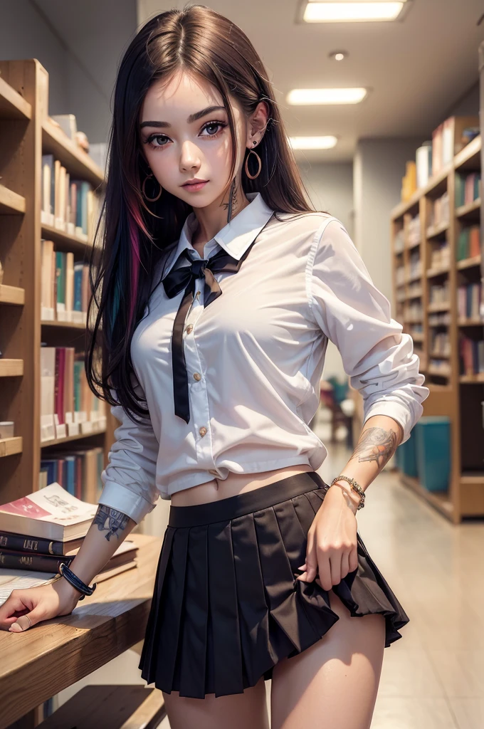 (Masterpiece: 1.5), (Best Quality: 1.5), Hyperrealist, High Resolution, High Detail, 1 Girl, Solo, Skin Highlight, Sharpen, Clear, straight hair, ponytail, multicolored hair, rainbow colored bangs, Jewelry, bracelet, earrings, cowboy shot, pale skin, smile, in a library, small , (wide gap between thighs:1.6, thin waist, thin legs, makeup), (Schoolwear:1.2), (Blouse:1.2), Pleated skirt with many folds, (micro mini skirt:1.2), bikini under schoolwear uniform, tattoos,