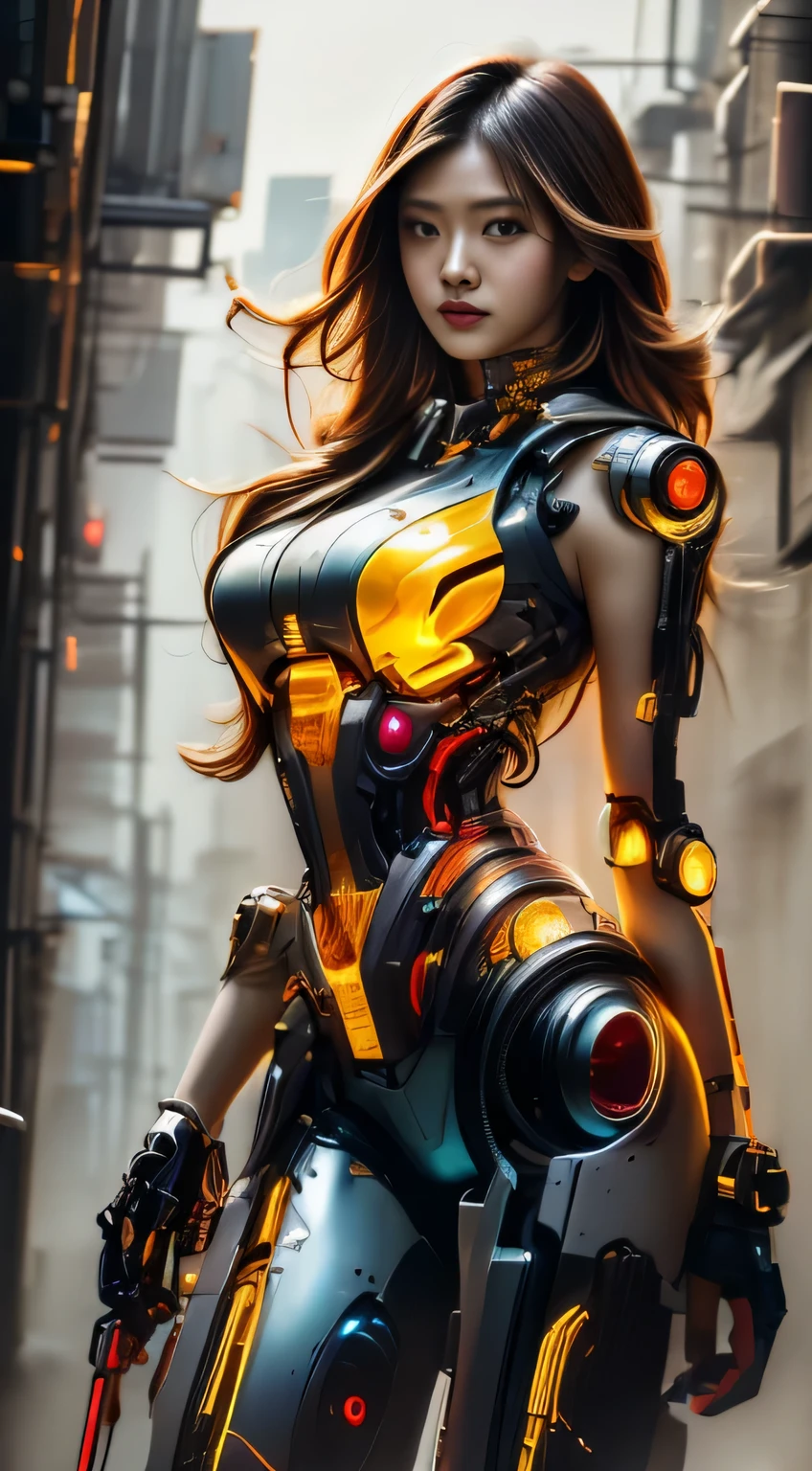 Virtual image,Realistic 8K images,hips up,Masterpiece,Complete Anatomy,Complete dynamic composition,morning sun,Light hits the front,young woman with long brown hair,cybernetic robot((white, yellow, and a red cyberpunk figure.)),Bikini body-white_orange_gold_metal,,white tank top,Abstract city background at night