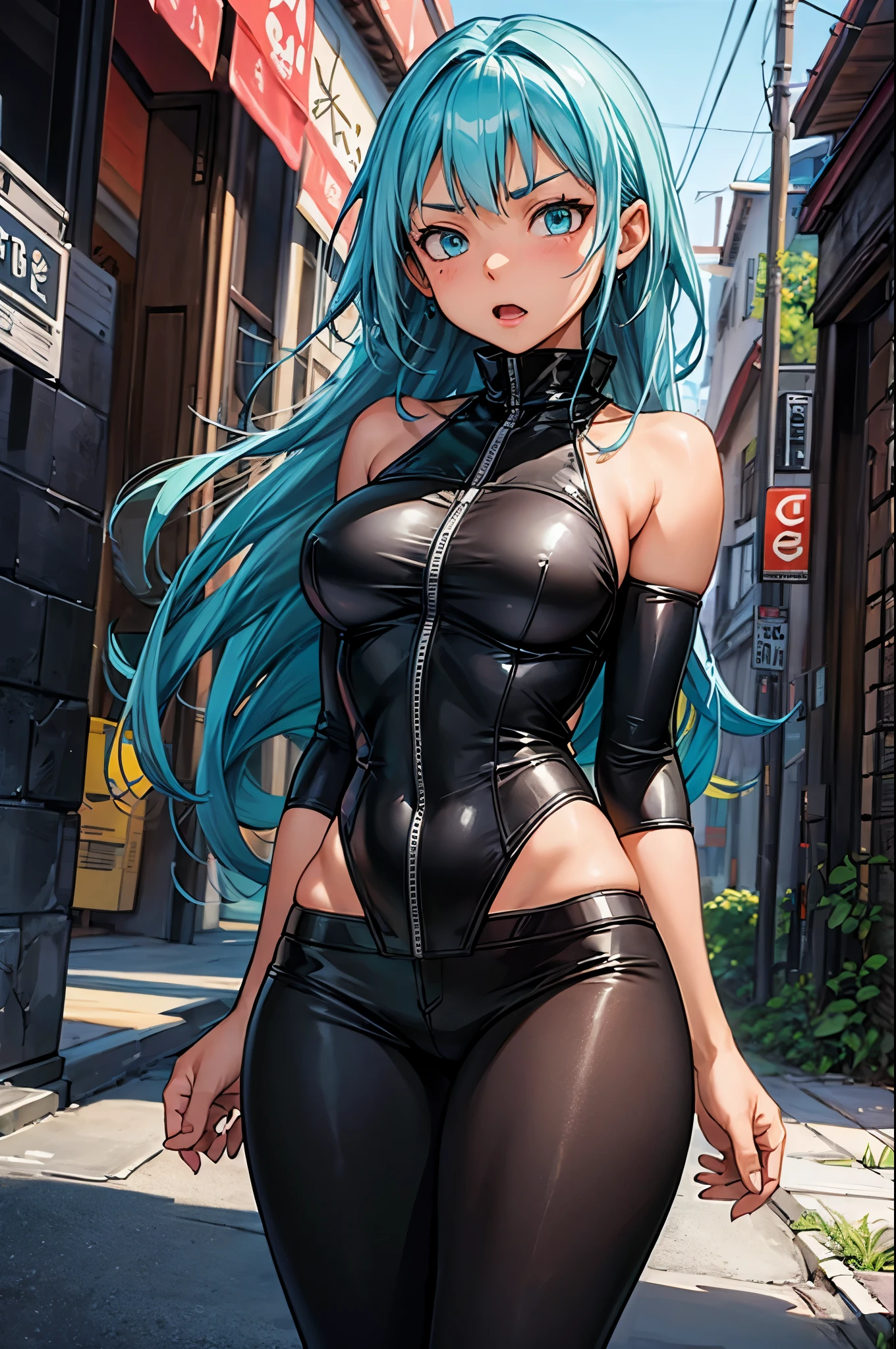 (masterpiece, best quality:1.2), expressive eyes, perfect face, highres, (female:1.5), 1girl, solo, black_star_soul_eater, blue hair, green eyes, long hair, worried face, black bodysuit, blushing, open mouth, standing, cowboy shot, looking at the viewer
