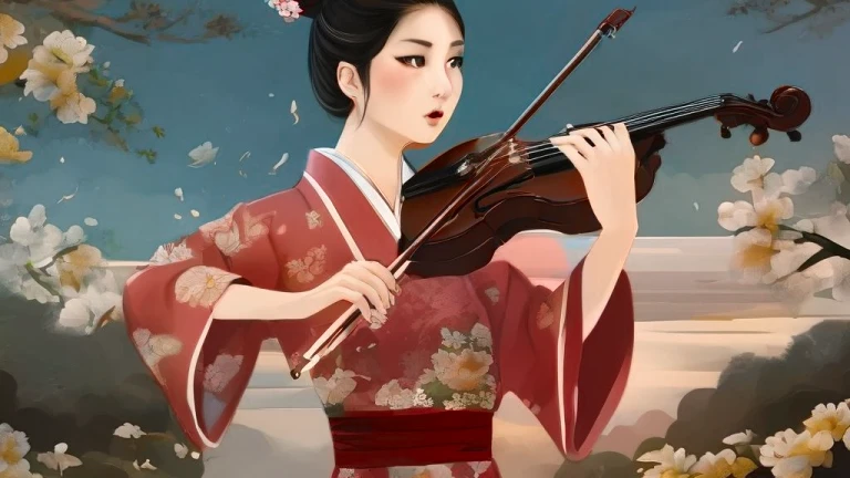 Close-up of a woman playing the violin in a field, The art of Japan style, Gweiz style artwork, Atei Gailan Style, Beautiful artwork illustration, inspired by Itō Shinsui, Japanese painting, Exquisite digital illustrations, The art of Japan, In the Ukiyo-e art style, Beautiful digital art