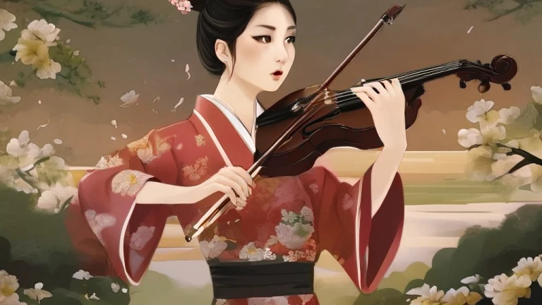 Close-up of a woman playing the violin in a field, The art of Japan style, Gweiz style artwork, Atei Gailan Style, Beautiful artwork illustration, inspired by Itō Shinsui, Japanese painting, Exquisite digital illustrations, The art of Japan, In the Ukiyo-e art style, Beautiful digital art