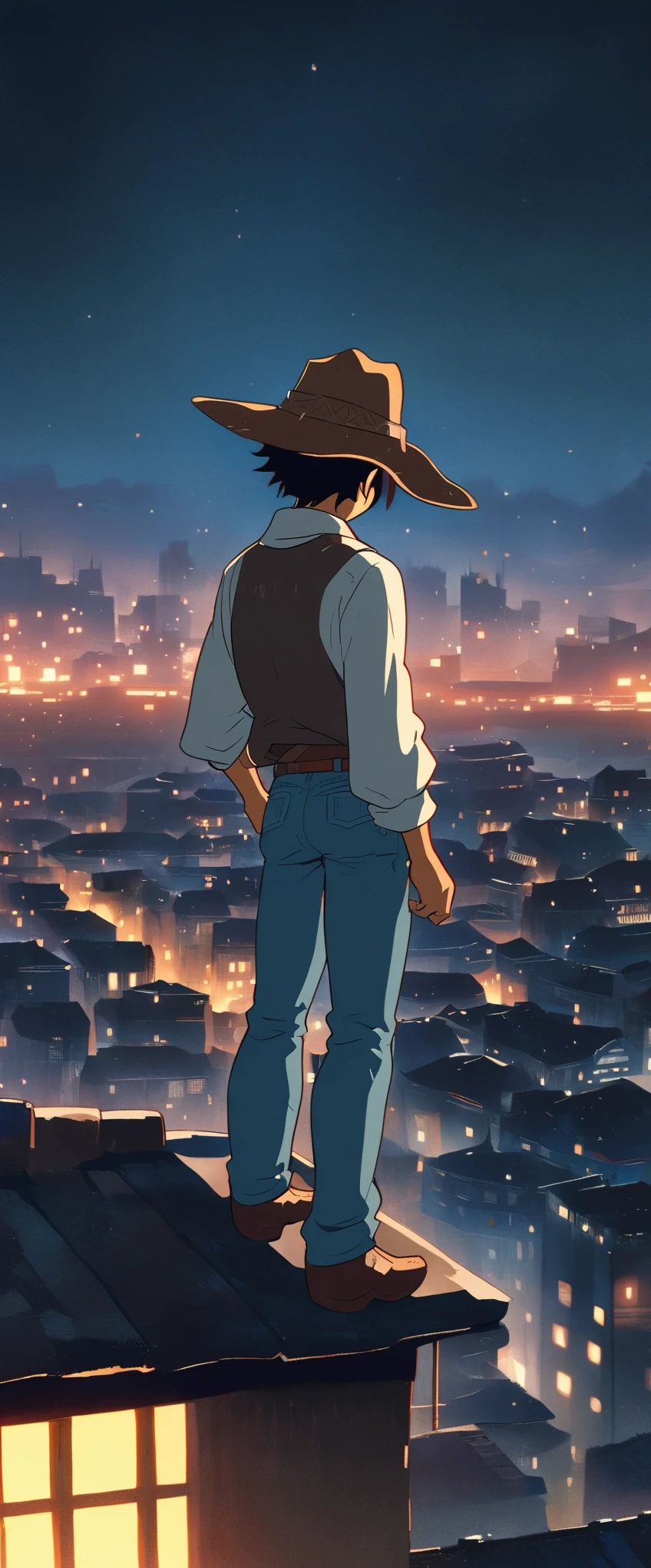 (Ghibli style:1.5)，****uth，(Cowboy hat、jeans、windward)，Background city night， Standing on the roof， brave