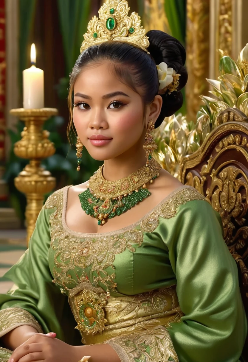 make a photo of a 300dpi oil painting of a beautiful Indonesian woman chubby with a round face, long hair tied on top of a decoration, wearing clothes like a green and gold palace princess, sitting on a throne, beside many palace decorations, flowers, a fountain and a  colorful candles, magnificent luxury palace background, full HD photo, clear flawless contrast, front focus 16k ultra, HD