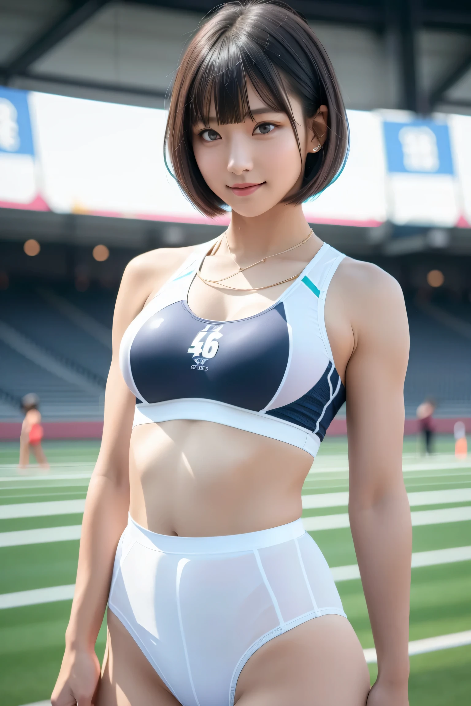 ((Track & Field Athletes Women))、(((1 person)))、Competition uniforms、((stadium))、Transcendent cute、A slight smil、Beautiful breasts、full bodyesbian、athletic field、((Outstanding style))、((Healthy body))、((Short-cut hairstyles)) 、Women in Japan、Photorealsitic、Beautiful detailed eyes、Hyper-Realism、highcontrast、Ultra HD、realistic skin textures、Top image quality、top-quality、超A high resolution、Fine details、Very meticulously,A thin, see-through))tight-fitting Underwear with straps,She was unaware that her nipples were showing through her Underwear set with stockings,