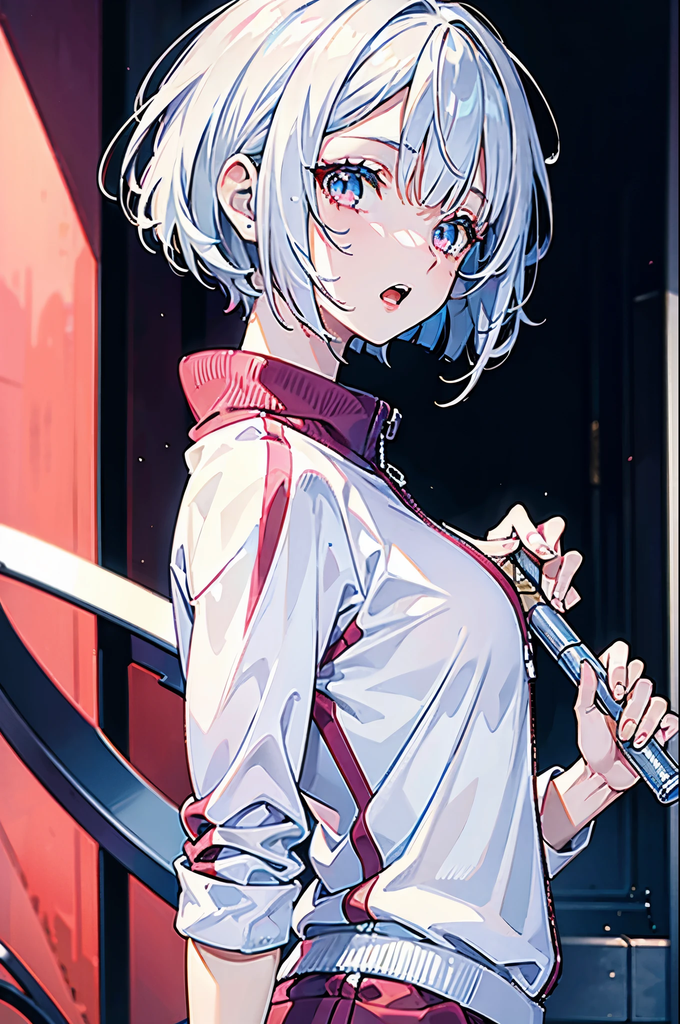 no background, masterpiece, best quality, ultra-detailed, extremely detailed, 4K, 8K, best quality, beautiful, a cute girl, 1girl, solo, tracksuit, beautiful pink eyes, beautiful eyes, cute eyes, open mouth, bob cut, white hair, from side, upper body,