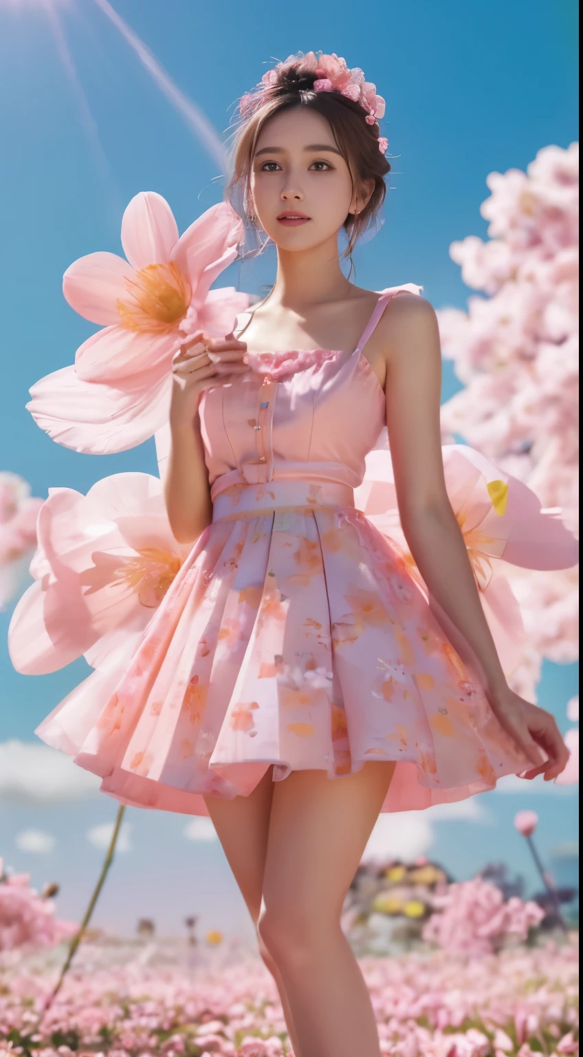 arafed woman in a Pink skirt standing in a field of flowers, Pink skirt, Lady in glowing flower dress, Paradise pink, wearing a Pink skirt, dressed in a Pink skirt, Dreamy style, Floral Dress, Pastel, Soft colors, floating dress, flowing sakura-colored silk, Light pink, magical dress, girl standing in the flower field, Pink clothes