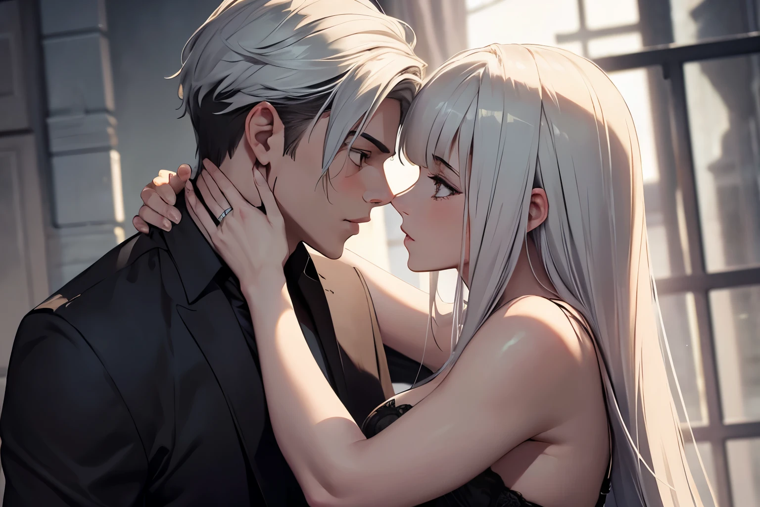 masterpiece, high quality, High resolution, super detailed, perfect anatomy, handsome boy, beautiful eyes, fine eyes, beautiful girl,((((1 boy and 1 girl)))),((couple)), duo, hetero, silver hair, looking away, a boy hugs a girl, kiss, nsfw