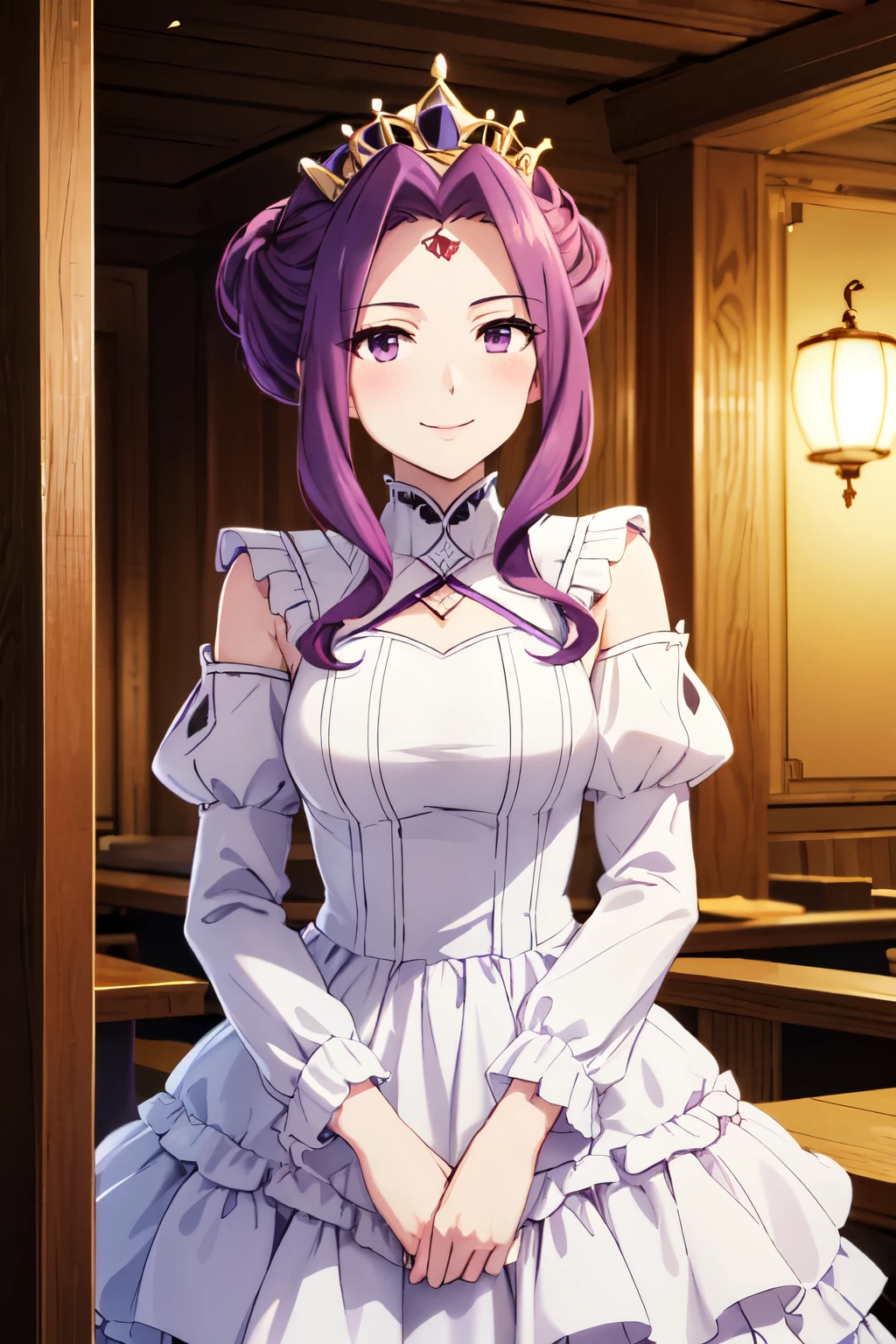 Woman portrait ,Mireriakmellromark, Wonder Q. Melomark, smile、Purple Hair, (Purple eyes:1.1)、princess party dress、Clothes,restaurant,Cinematic lighting、Closed Mouth、smile、blush、Beautifully styled hair、straight、white party dreseal、ingredients、Cowboy Shot