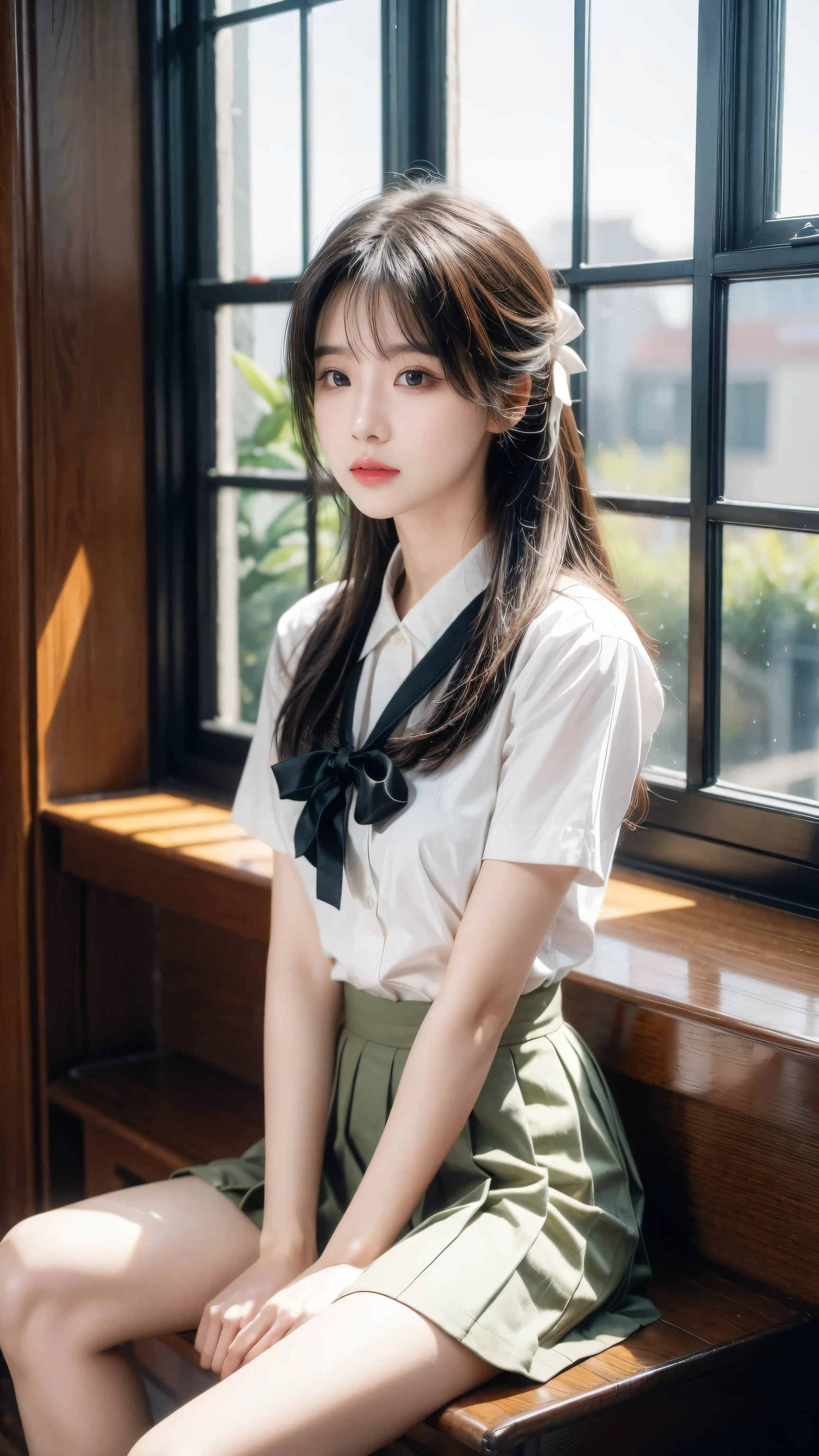 1girl, solo, (school uniform:1.4), green eyes, dress, looking_at_viewer, neck_ribbon, cute, clear facial skin, (best quality), (masterpiece:1.1)