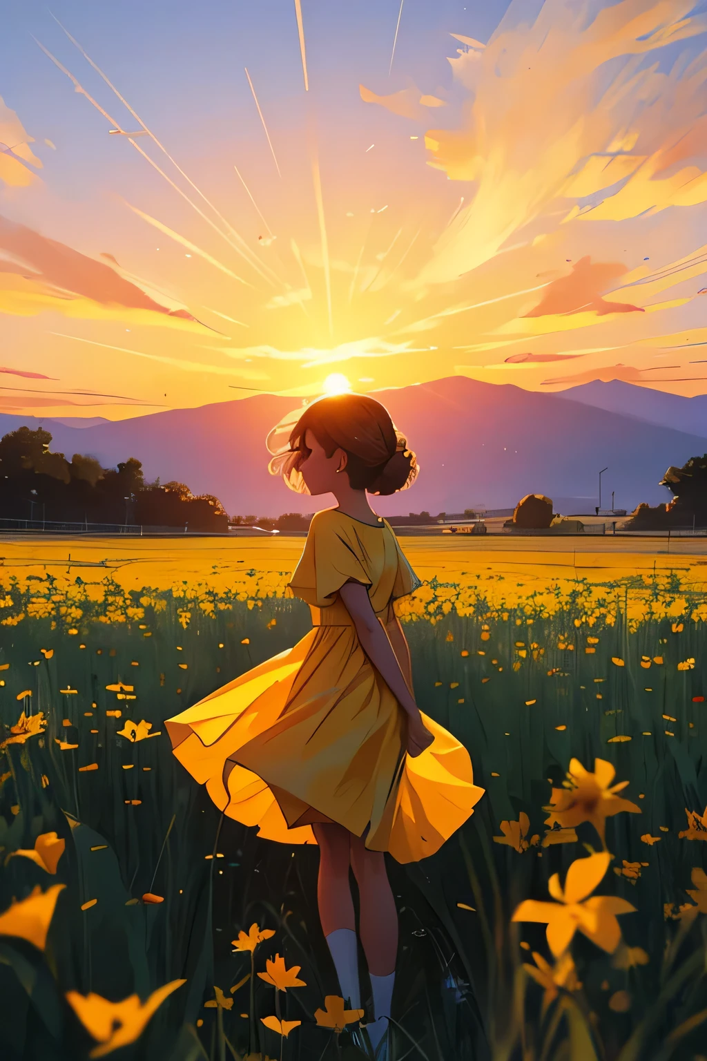 in yellow dress looking at the sky in the middle of the field medium shot, alta calidad en detalles