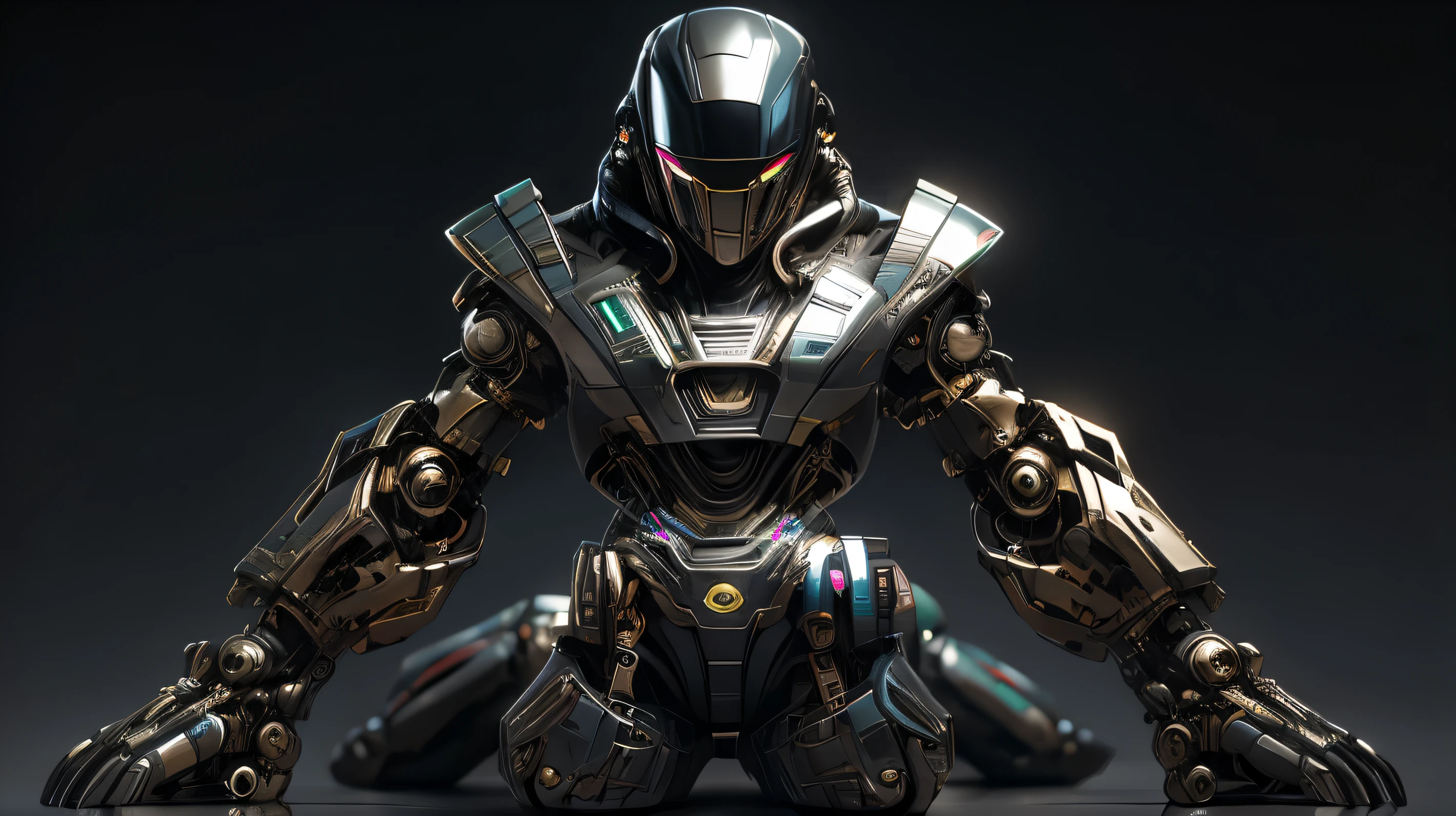 Create a highly detailed, photorealistic HDR image of a character that is a mix of alien and robot, resembling a human cyborg. The character should be depicted from head to toe, occupying a moderate portion of the composition to allow for future side and top visual effects. Design the character with shiny orange chrome and shiny black chrome, giving him a futuristic, mechanical look. Illuminate the character from behind to highlight their features and reinforce their commanding presence, while using a 16:9 aspect ratio to give a cinematic feel to the scene, highlighting the contrast between the bright elements and the dark background. The ground should look like flowing water with strange ripples that create a shiny surface and reflect the image of the cyborg. Include a glitch effect to end with a scatter effect. Add patches of translucent skin to the cyborg, revealing underlying mechanical structures in a semi-transparent way that blends biological and mechanical themes. Incorporate the words 'I was human' in shiny chrome orange, positioned centrally in the image. 