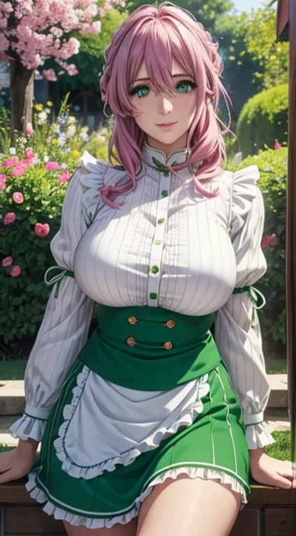 Cute Italian girl, big breasts , Italian lady, long open hair, hair floating,  green color full sleeve clothes, white apron, green eyes and pink hair, short skirt, ultra realistic eyes , sunlight and garden background, bright purple eyes, ultra realistic detailed eyes, innocent eyes, looking at camera, beautiful smile, beautiful face ,pink color hair