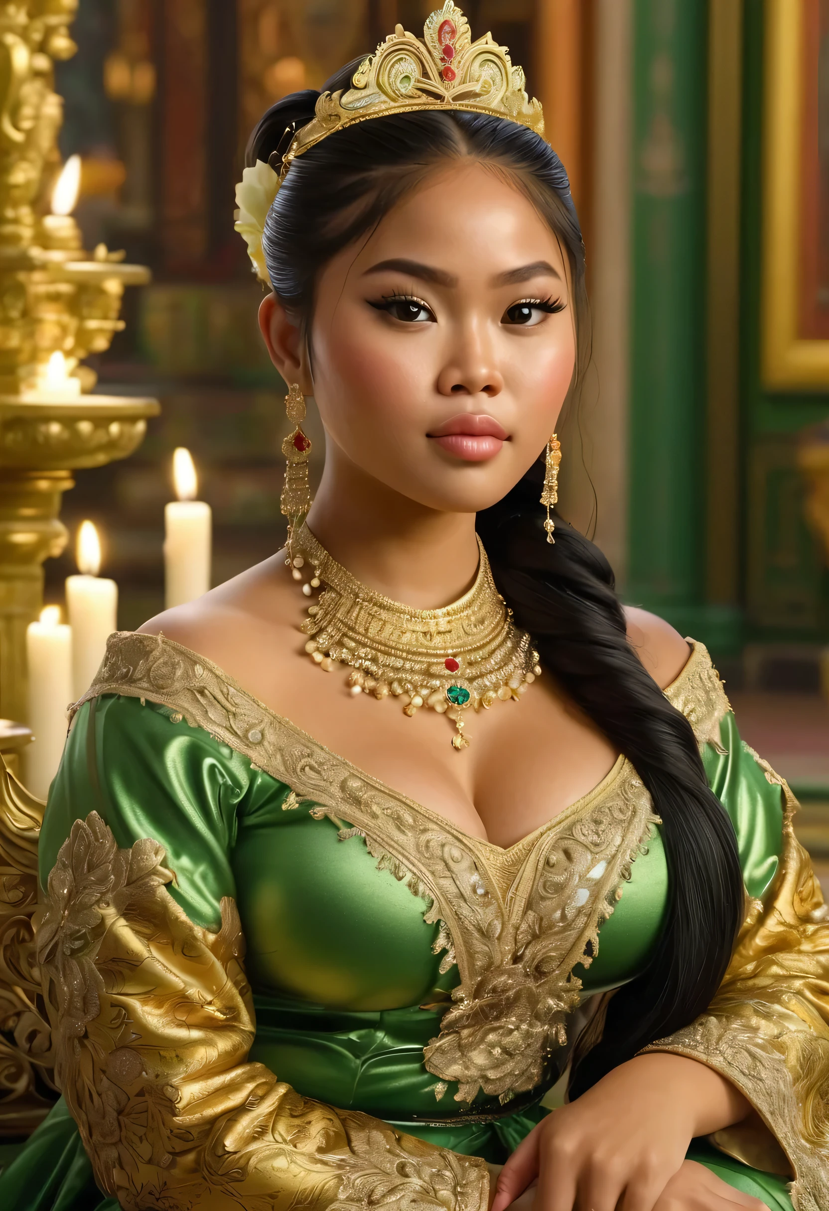 make a photo of a 300dpi oil painting of a beautiful Indonesian woman chubby with a round face, long hair tied on top of a decoration, wearing clothes like a green and gold palace princess, sitting on a throne, beside many palace decorations, flowers, a fountain and a  colorful candles, magnificent luxury palace background, full HD photo, clear flawless contrast, front focus 16k ultra, HD