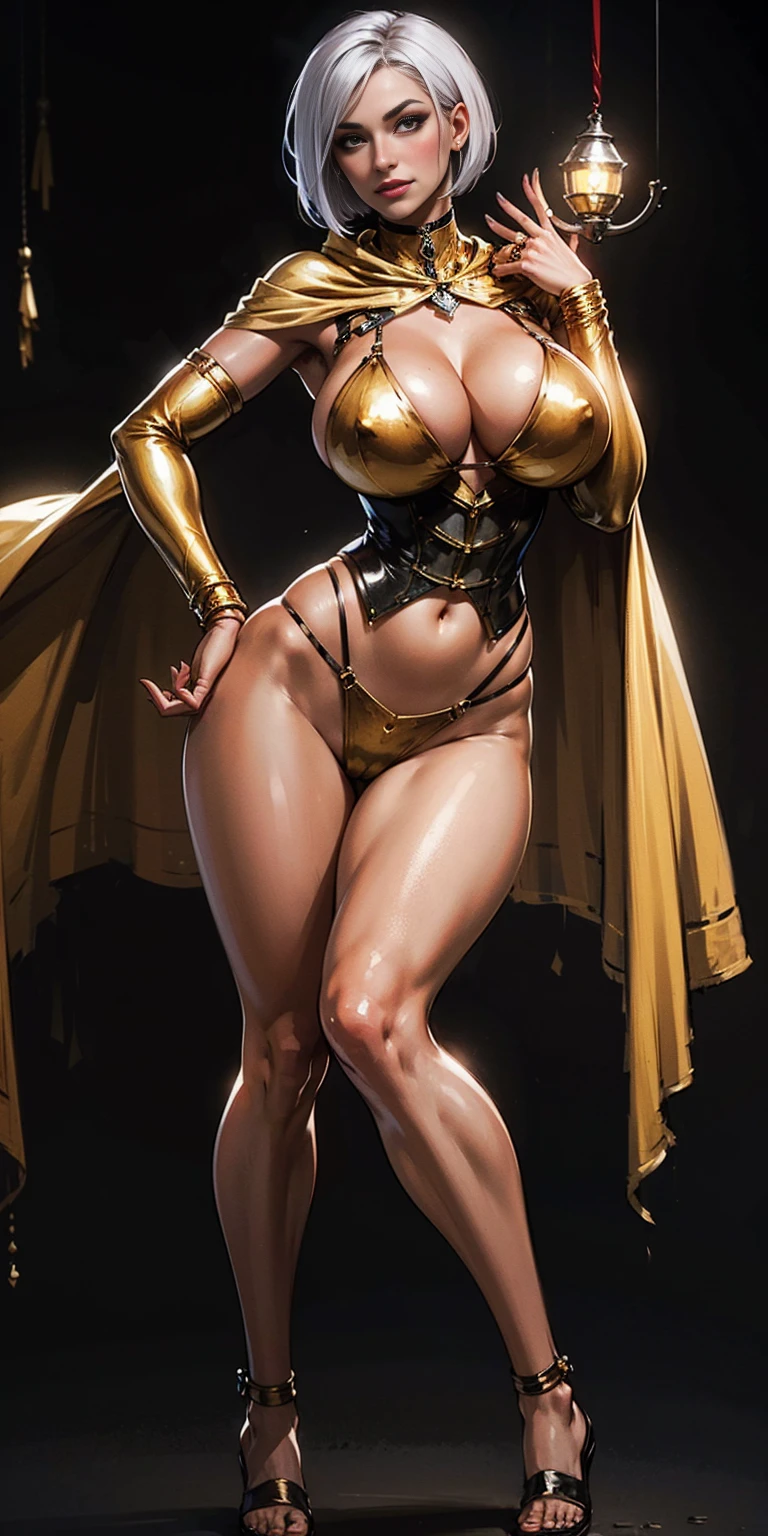 ((BLACK BACKGROUND 1:2, masterpiece)) 1solo female full body MILF BIMBO standing straight symmetrical with two long thighs and two metal sandals, red eyes like rubies, eye focus looking to the viewer, silver white hair, short bob style hair, big knockers breastplate, breastplate, cleavage, tiara royal, long cape up to two feet, yellow bikini (yellow tiger stripes), lustful smirking smiling, smile face (red blushed, red cheeks), pauldrons metal shoulders, gold sleeveless bracelets, separate sleeves, hands on waist hands OR hips, golden bracers, metal handcuffs, leather corset, red loincloth, black leather choker slave collar, shackles bracelets, slave red crest under navel, navel, big belt around waist OR hips, feet together, metal ankle, two long thighs and two metal sandals