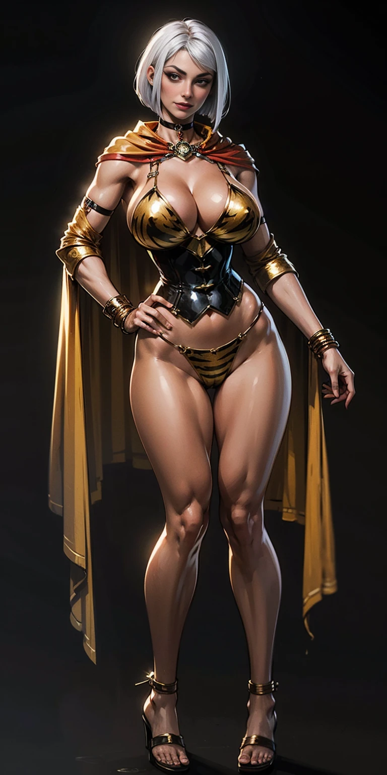 ((BLACK BACKGROUND 1:2, masterpiece)) 1solo female full body MILF BIMBO standing straight symmetrical with two long thighs and two metal sandals, red eyes like rubies, eye focus looking to the viewer, silver white hair, short bob style hair, big knockers breastplate, breastplate, cleavage, tiara royal, long cape up to two feet, yellow bikini (yellow tiger stripes), lustful smirking smiling, smile face (red blushed, red cheeks), pauldrons metal shoulders, gold sleeveless bracelets, separate sleeves, hands on waist hands OR hips, golden bracers, metal handcuffs, leather corset, red loincloth, black leather choker slave collar, shackles bracelets, slave red crest under navel, navel, big belt around waist OR hips, feet together, metal ankle, two long thighs and two metal sandals