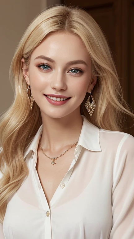 1 29 year old blonde woman with long hair posing for a picture, Beautiful blonde woman, beautiful blonde woman, (A charming laughing smile), Beautiful, well-cared for blonde, 8K Soft Portrait, Smooth blond woman, (Slim figure top model), breast enhancement, (Blonde Swedish woman), (Blonde eyebrows), Glossy long blonde hair, (amber color eyes brillantes:1.1), (pupils are open), (Thick lips), (A photo from the chest up), (A person in the center left and right, The whole head is shown:1.3), (White buttoned collared blouse:1.3), (A very simple necklace and very simple earrings), Perfect Makeup