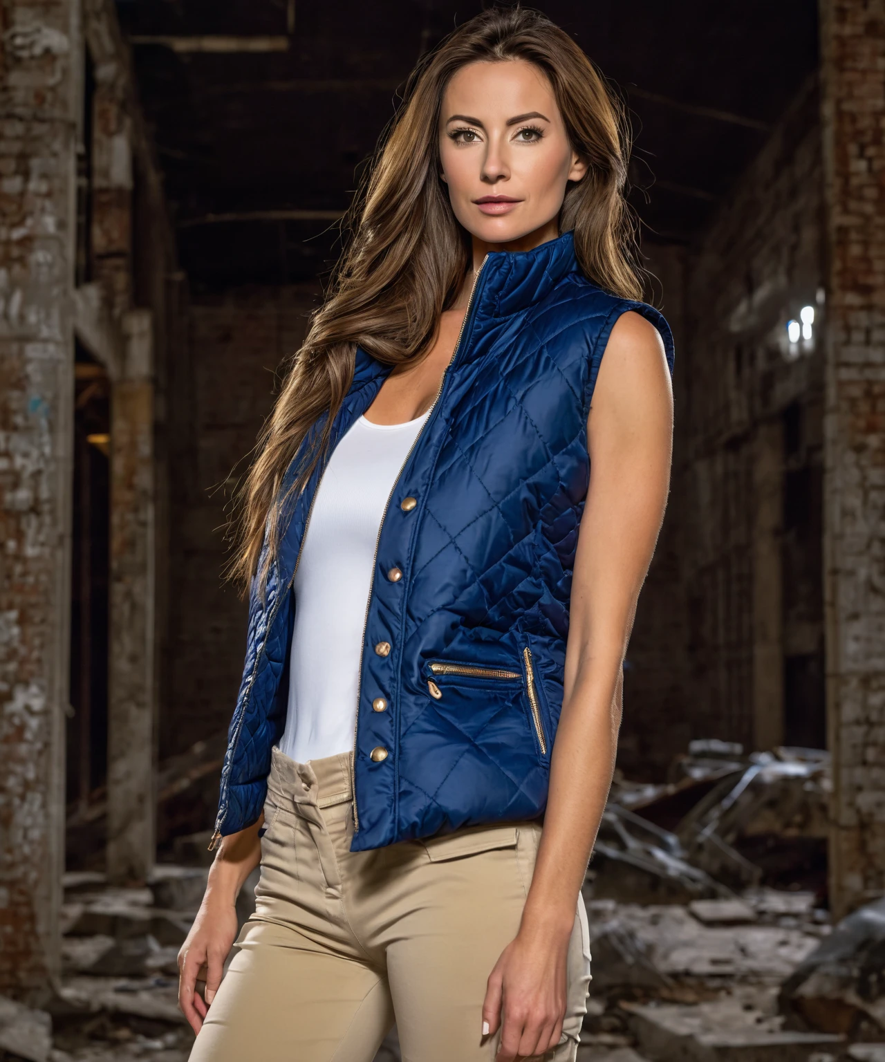 beautiful sexy caucasian adult brunette woman with long brown hair & having a muscular body, wearing white sleeveless button up collared shirt with a blue quilted vest over it & beige khaki pants, inside of a abandoned parking garage at night time, 1girl