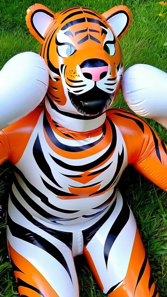 Comic sequence, multiple close up detail shots, multiple images, masterpiece, best quality, high quality, High definition, highly detailed face and eyes, High quality texture, High quality shadow, high detail, beautiful detailed, finely detailed, detailed texture, there is a human male inside skin tight to his body an inflatable tiger sitting on the grass sexually pleasuring his body, inflatable tiger face sticking extremely skin tight against his face not letting him breath, inspired by StanisÅaw MasÅowski, pvc, large)}], deborah, esher, stanislaw, mobile, leg 