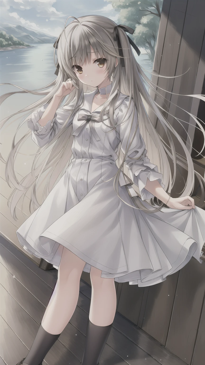 ((masterpiece:1.4, best quality)) ,Kasugano Sora,Naughty and energetic girl,Brown eyes,Happy,eternal,Black knee-high socks Jane Shoes,summer,Sailor Suit,Pink ocean