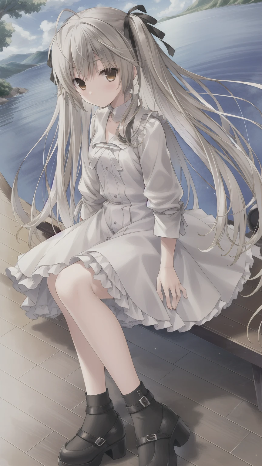 ((masterpiece:1.4, best quality)) ,Kasugano Sora,Naughty and energetic girl,Brown eyes,Happy,eternal,Black knee-high socks Jane Shoes,summer,Sailor Suit,Pink ocean