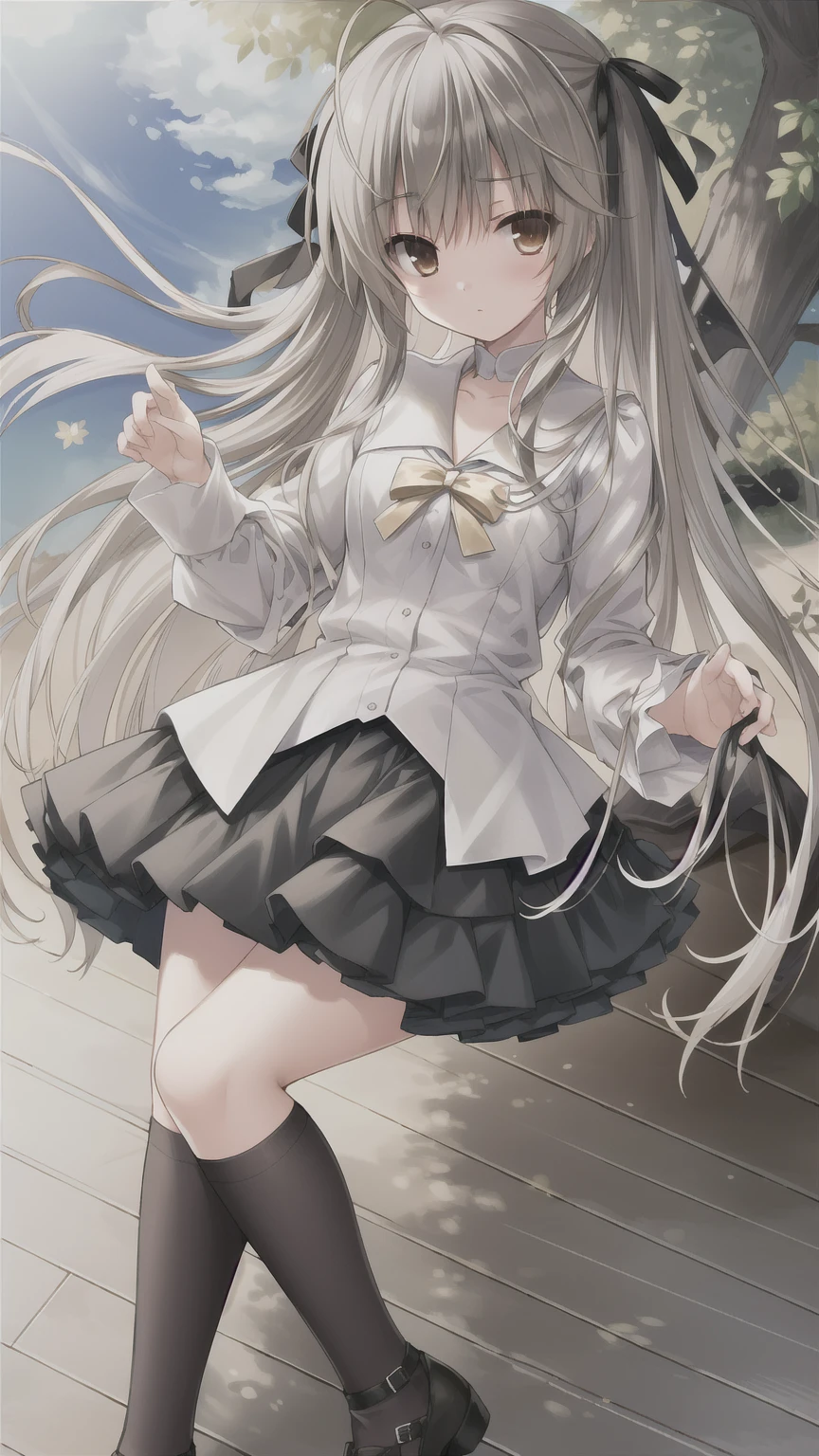 ((masterpiece:1.4, best quality)) ,Kasugano Sora,Naughty and energetic girl,Brown eyes,Happy,eternal，Black knee-high socks Jane Shoes，summer，Sailor Suit，Pink ocean