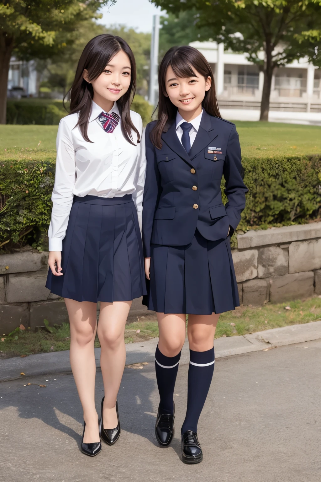 Girl and girl, ((uniform)), light smile, outdoors,