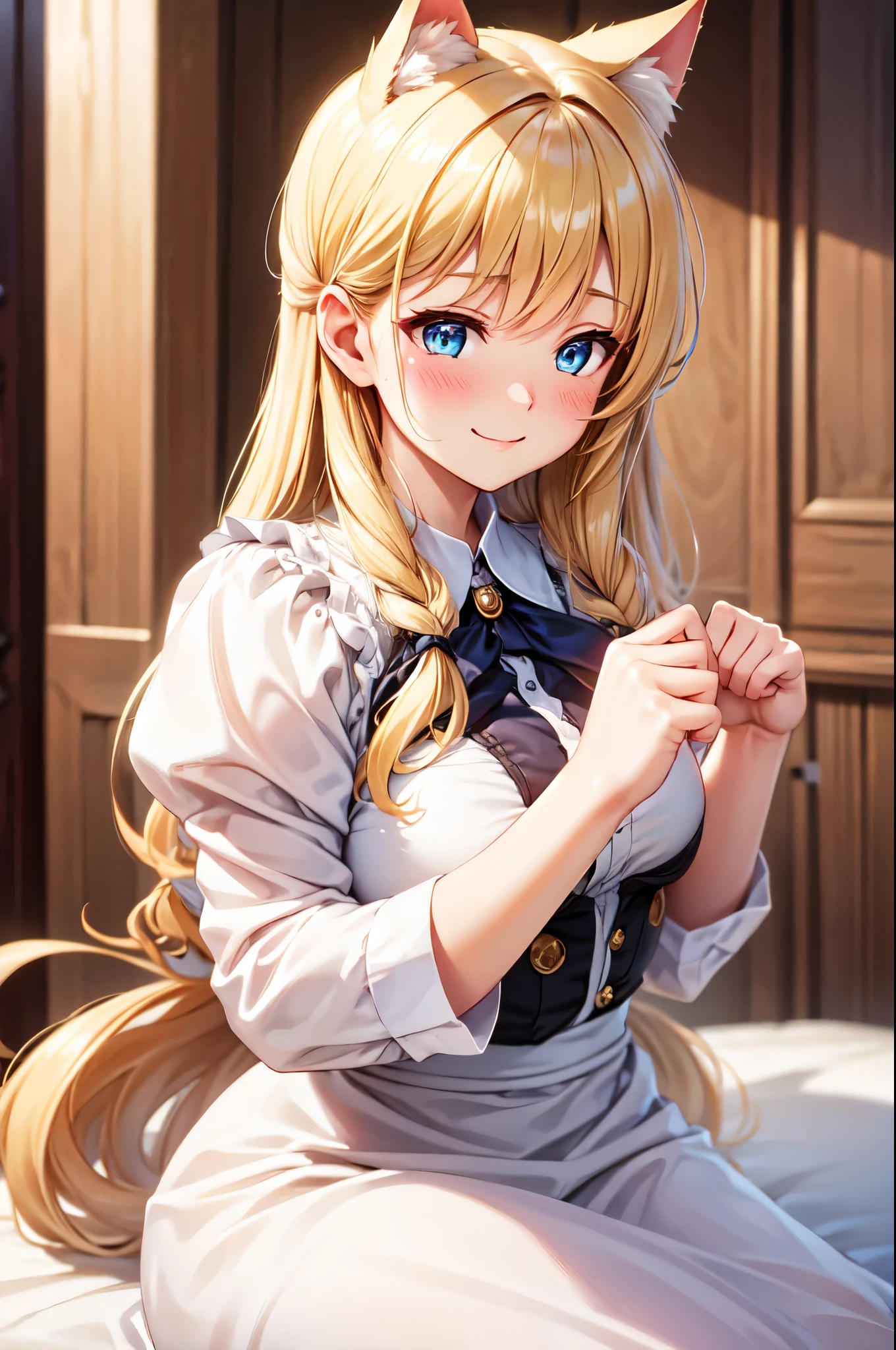 (High quality, High resolution, Fine details), Paw Pose, Victorian Maid Dress, solo, curvy women, blond hair, sparkling eyes, (Detailed eyes:1.2), Cat Ear, smile, (blush), Sweat, Oily skin, Side View, Soft tones, shallow depth of field