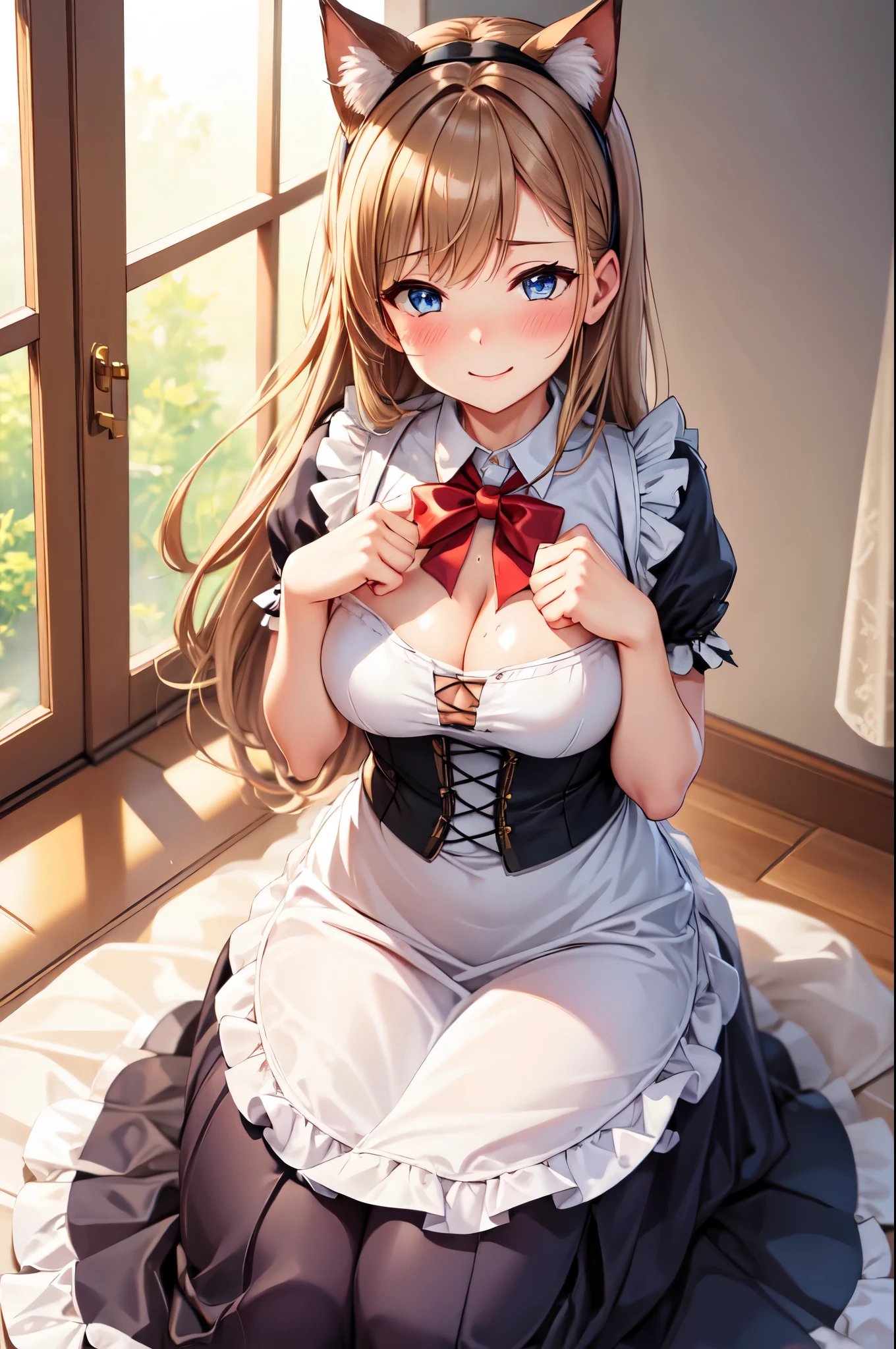 (High quality, High resolution, Fine details), Paw Pose, Victorian Maid Dress, solo, curvy women, light brown hair, sparkling eyes, (Detailed eyes:1.2), Cat Ear, smile, (blush), Sweat, Oily skin, Side View, Soft tones, shallow depth of field