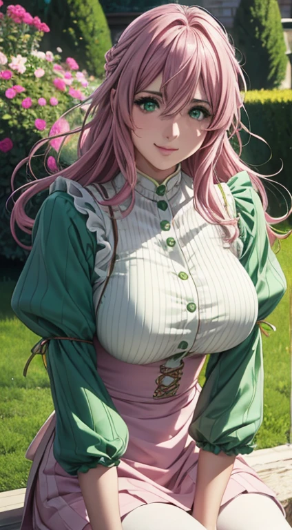 Cute Italian girl, big breasts , Italian lady, Model, long open hair, hair floating,  green color full sleeve clothes, white apron, green eyes and pink hair, short skirt, ultra realistic eyes , sunlight and garden background, bright purple eyes, ultra realistic detailed eyes, innocent eyes, looking at camera, beautiful smile, beautiful face ,pink color hair