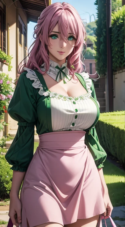 Cute Italian girl, big breasts , Italian lady, Model, long open hair, hair floating,  green color full sleeve clothes, white apron, green eyes and pink hair, short skirt, ultra realistic eyes , sunlight and garden background, bright purple eyes, ultra realistic detailed eyes, innocent eyes, looking at camera, beautiful smile, beautiful face ,pink color hair