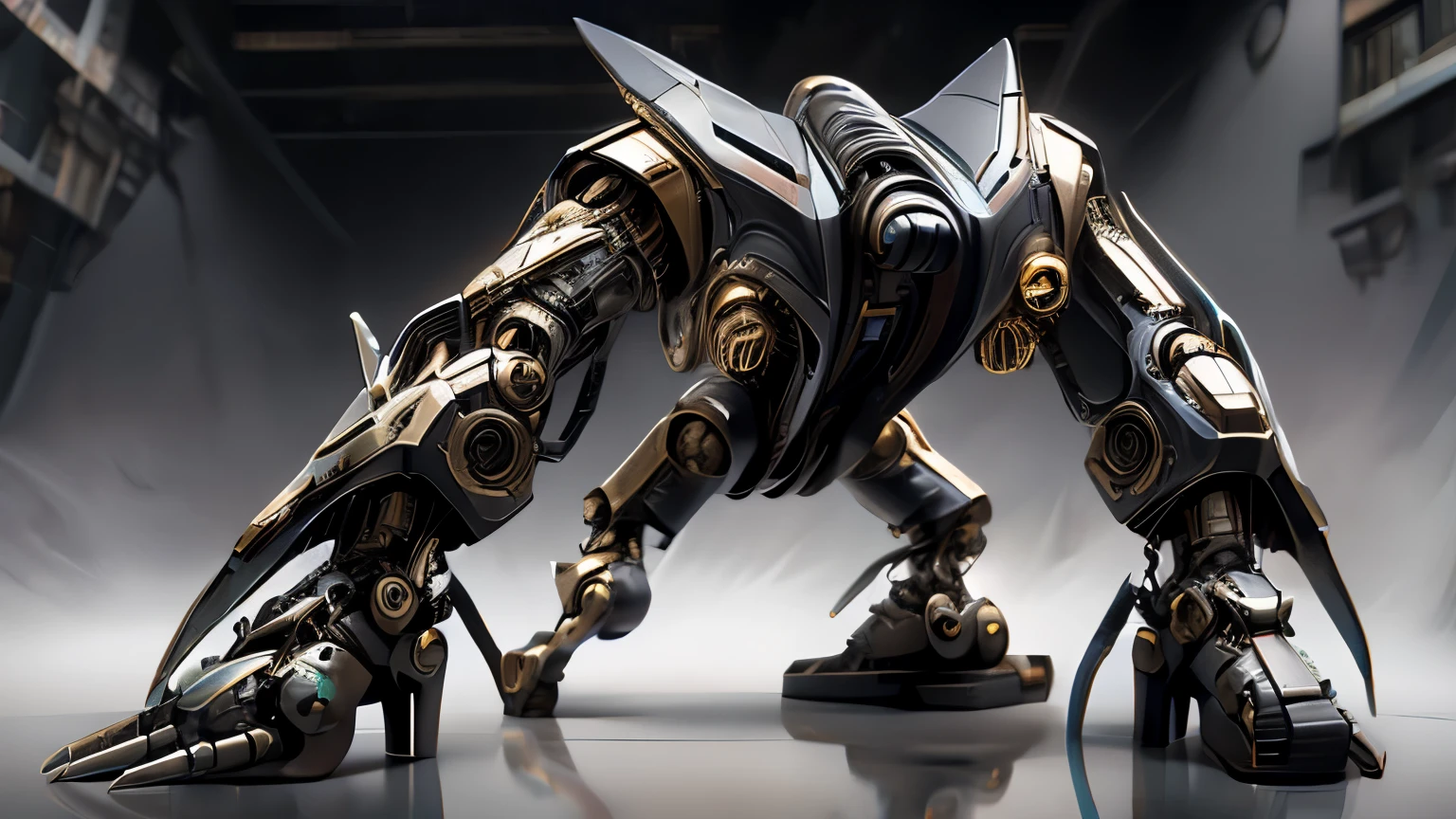 Create a highly detailed, photorealistic HDR image of a character that is a mix of alien and robot, resembling a human cyborg. The character should be depicted from head to toe, occupying a moderate portion of the composition to allow for future side and top visual effects. Design the character with shiny orange chrome and shiny black chrome, giving him a futuristic, mechanical look. Illuminate the character from behind to highlight their features and reinforce their commanding presence, while using a 16:9 aspect ratio to give a cinematic feel to the scene, highlighting the contrast between the bright elements and the dark background. The ground should look like flowing water with strange ripples that create a shiny surface and reflect the image of the cyborg. Include a glitch effect to end with a scatter effect.