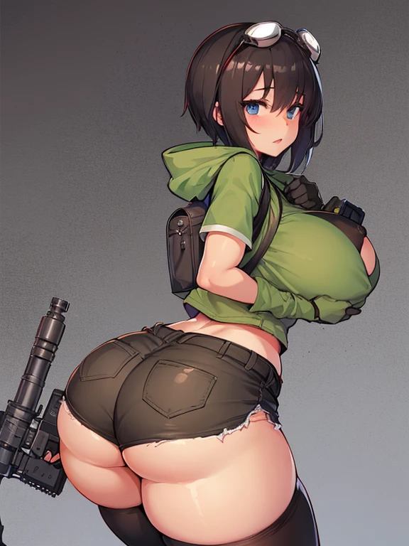 solo 1girls thick figure thick thighs size huge breast hard nipple size fat ass blue eyes tan skin short dark brown messy hair wear fingerless gloves wear short crop top hoodie wear short crop jean ripped wear holster wear black stocking tight outfit holding a rifle on hands wear tactical backpack wear tactical goggle on head