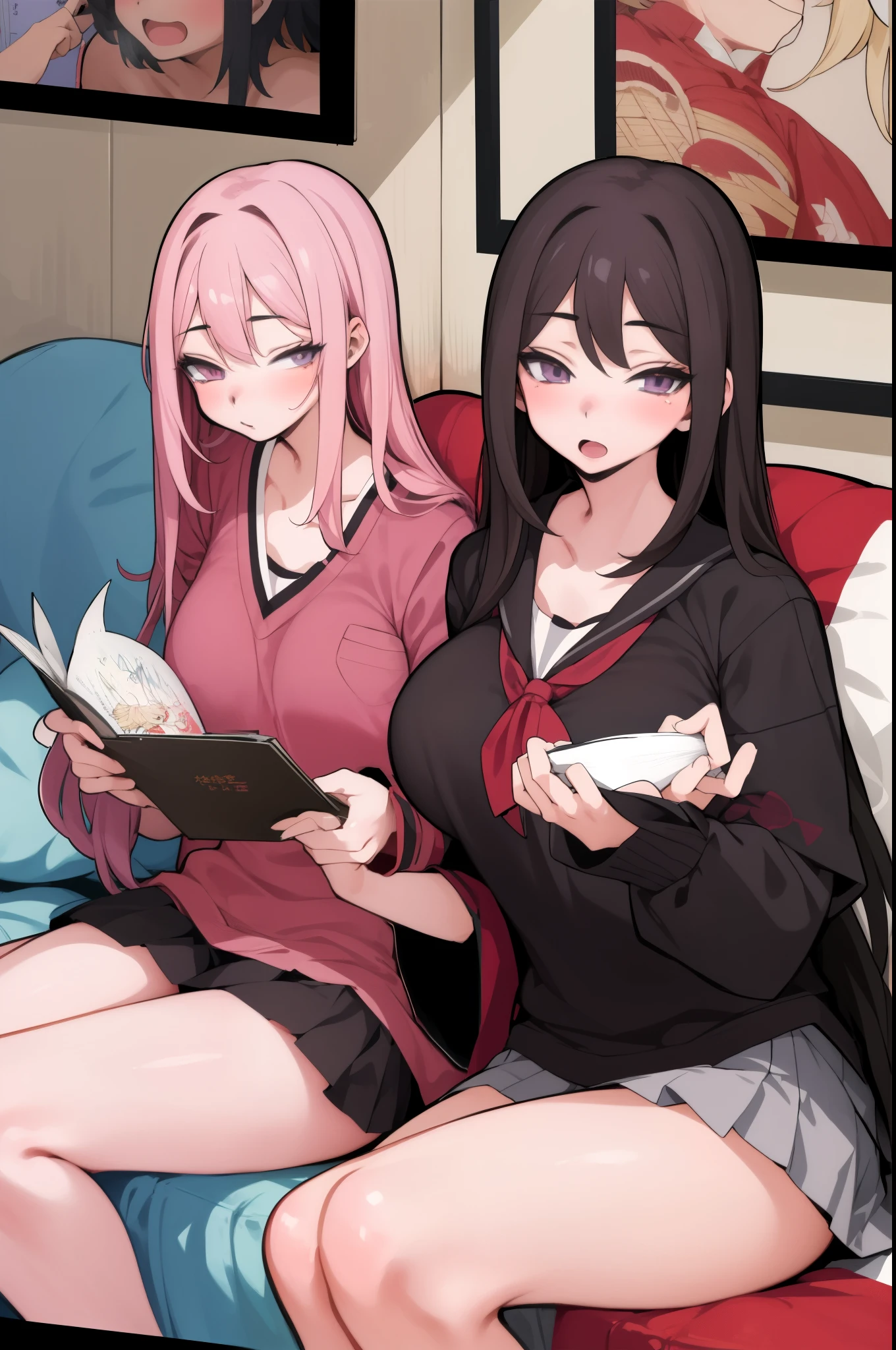 anime image of two woman in school uniforms sitting on a couch, a manga drawing by Jin Homura, trending on pixiv, shin hanga, sirius awith index finger, gapmoe yandere, in manga style. big breast, age 25