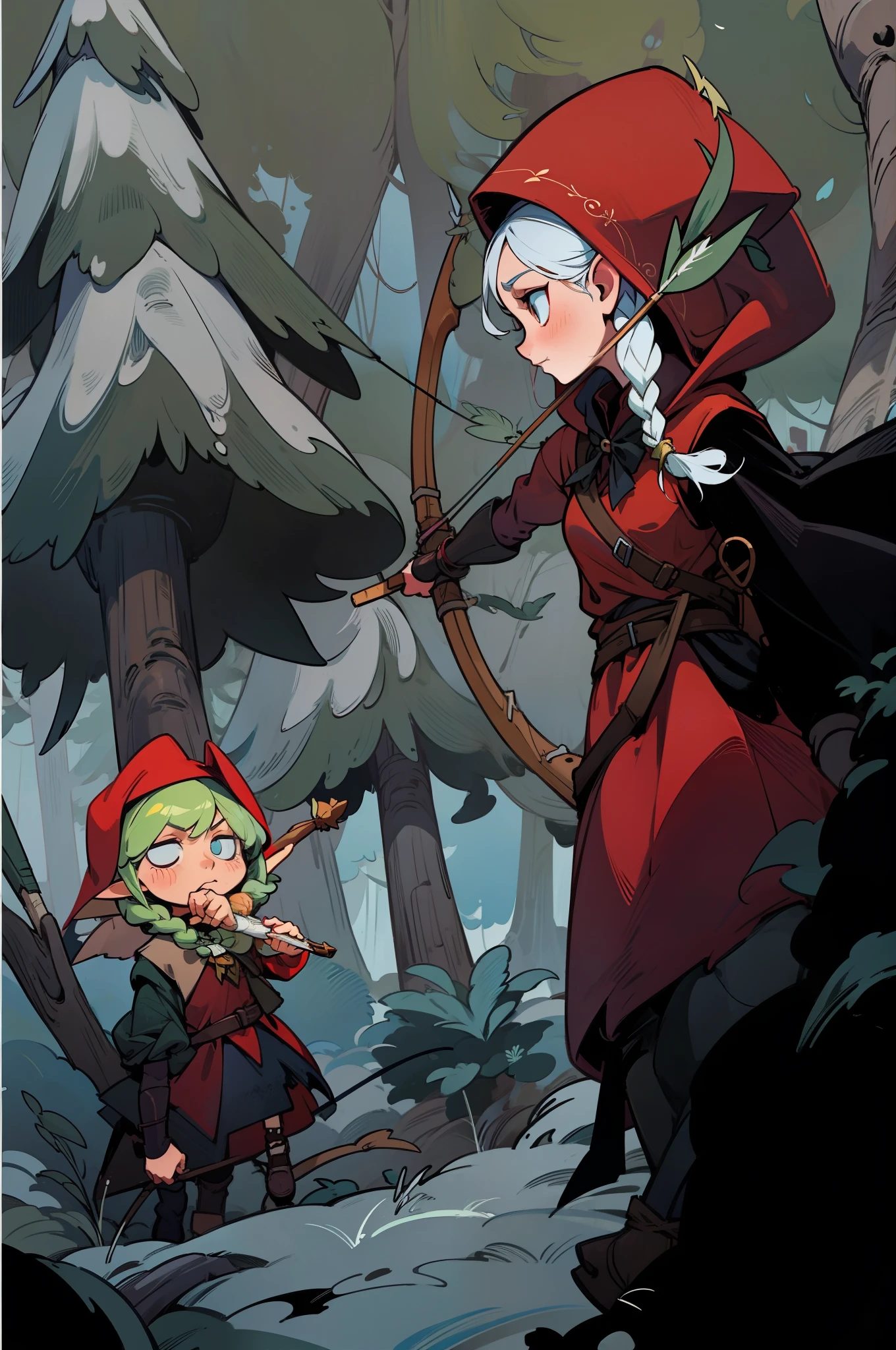 Cartoon of a woman holding a bow and arrow in the forest, thief little Red Riding Hood, legolas as an elf ranger, Inspired by Johannes Helgesson, fantasy graphic novel style, Comic Cover, Maple Story Character Art, female forest archer, Comic Cover art, Published Artworks, little Red Riding Hood, Fantasy comic style, red hooded mage, Ash