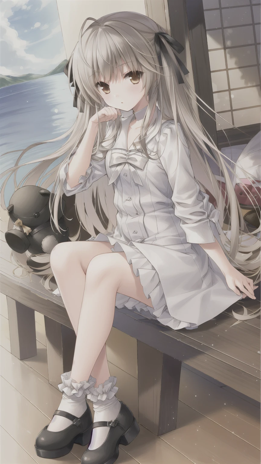 ((masterpiece:1.4, best quality)) ,Kasugano Sora,Naughty and energetic girl,Brown eyes,Happy,Double tail,Black knee-high socks Jane Shoes,summer,Sailor Suit,Pink ocean