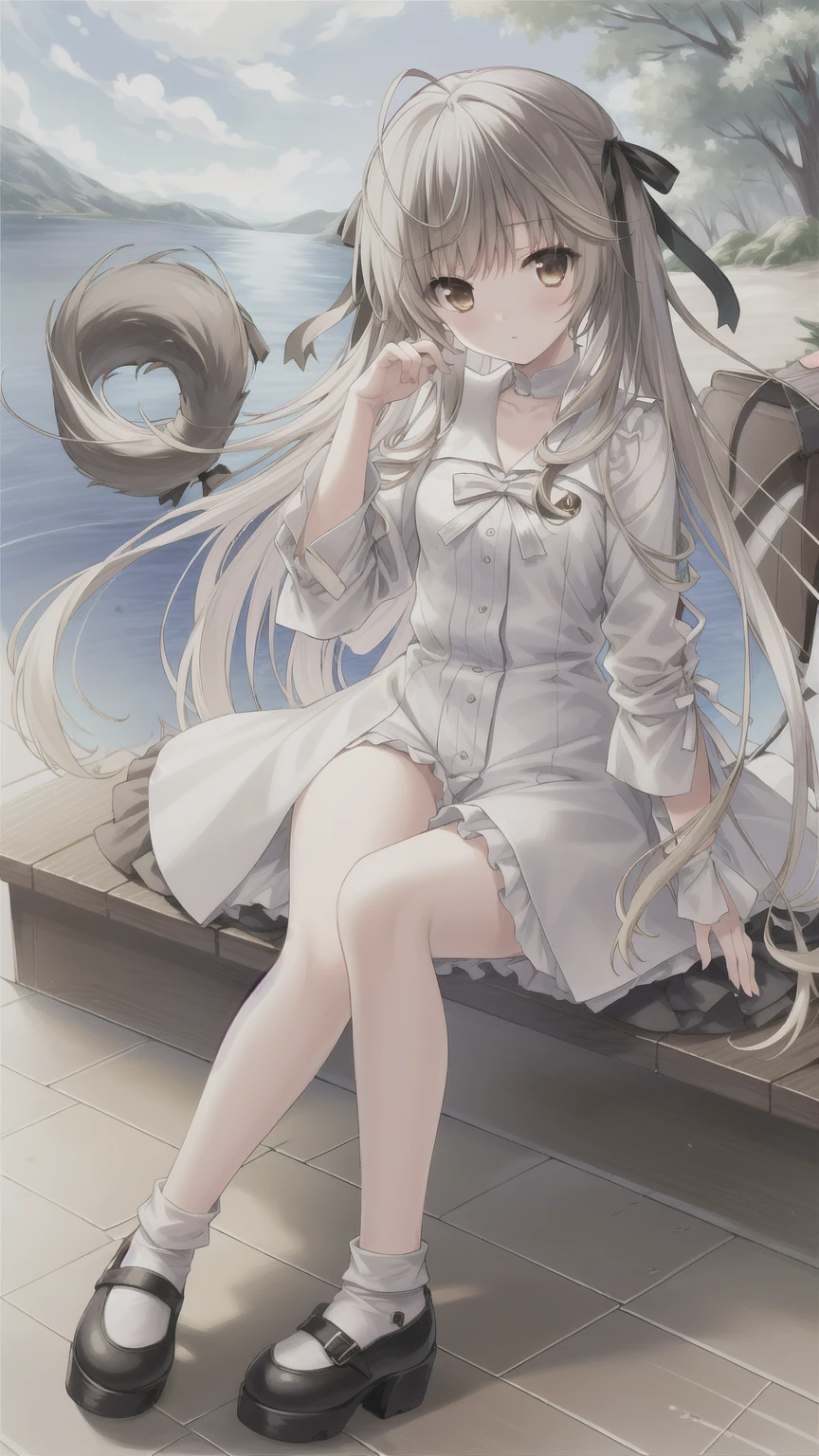 ((masterpiece:1.4, best quality)) ,Kasugano Sora,Naughty and energetic girl,Brown eyes,Happy,Double tail,Black knee-high socks Jane Shoes,summer,Sailor Suit,Pink ocean