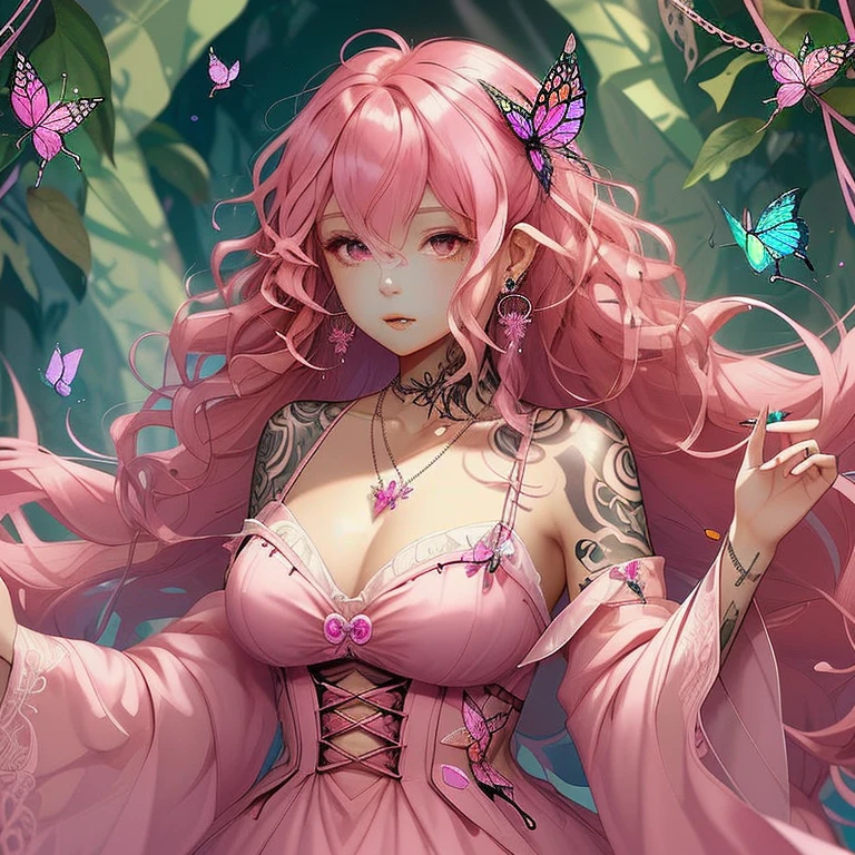 Young woman with pink and green hair with green eyes, with a background of the moon and a big cherry tree