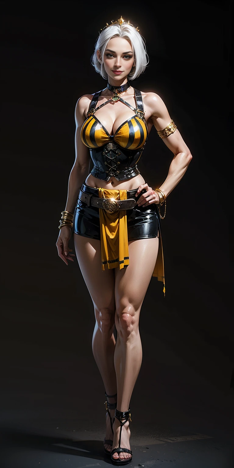 ((BLACK BACKGROUND)) female full body standing straight symmetrical with two long thighs and two metal sandals, red eyes like rubies, looking to the viewer, silver white hair, short bob style hair, big knockers breastplate, breastplate, cleavage, tiara royal, yellow bikini (yellow tiger stripes), lustful smirking smiling, smile face (red blushed, red cheeks), metal shoulders, gold sleeveless bracelets, separate sleeves, hands on waist hands OR hips, golden bracers, metal handcuffs, leather corset, red loincloth, black leather choker slave collar, shackles bracelets, slave red crest under navel, navel, big HUGE belt around waist hips, feet together, metal ankles
